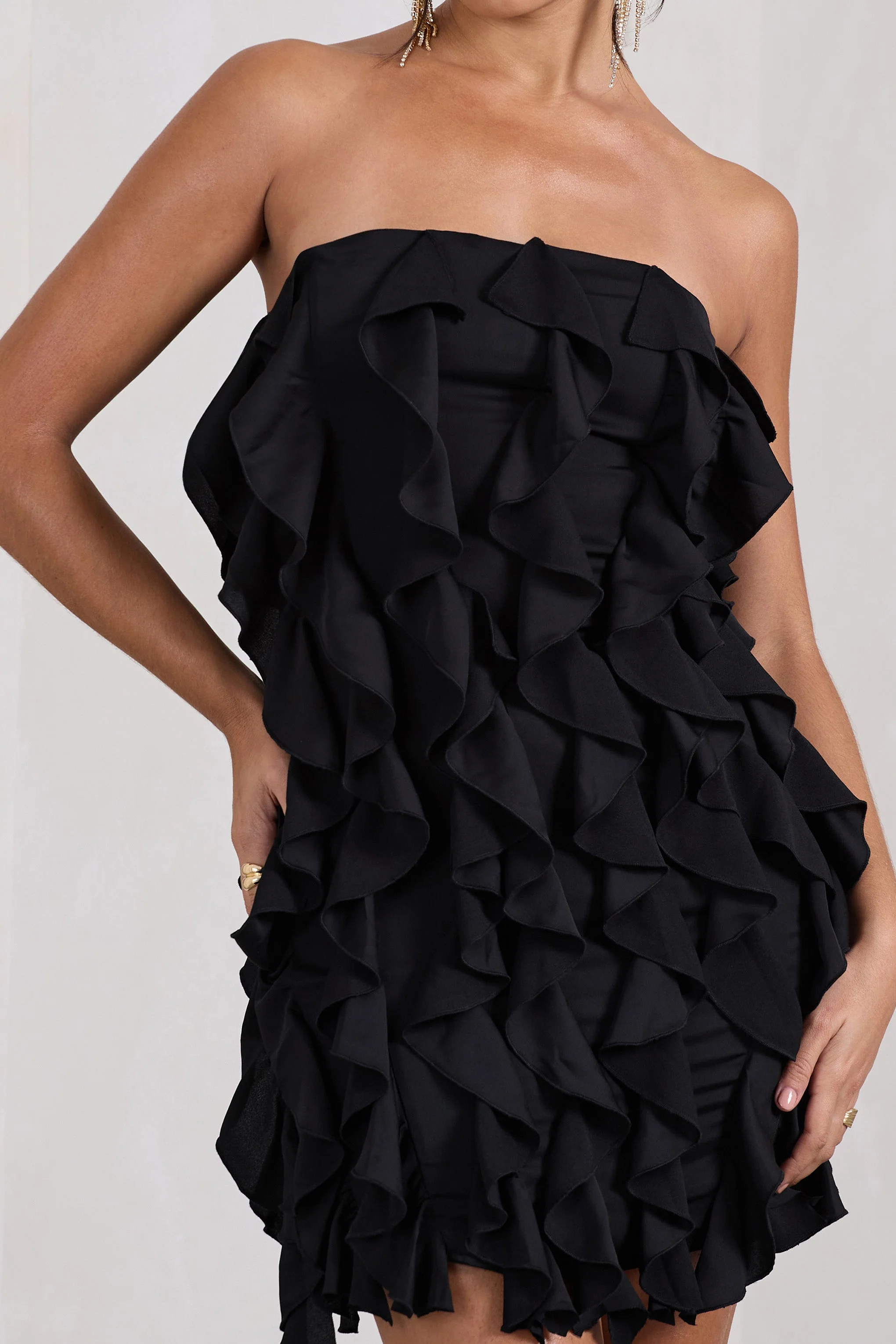 It Girl | Black Bandeau Bodycon Mini Dress With Ruffles - Image 3