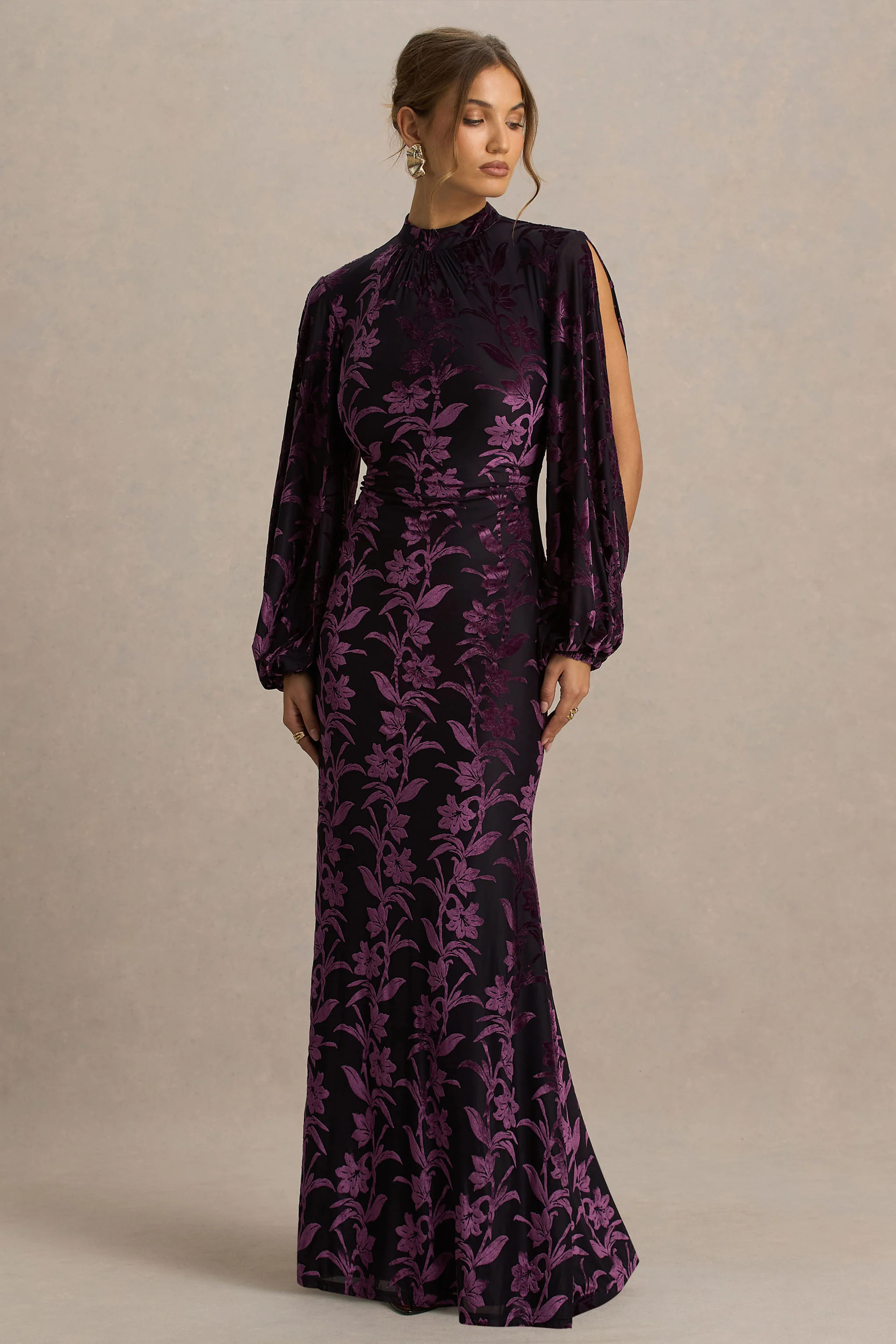 Janet | Black And Purple Devore High-Neck Maxi Dress With Cut-Out Details - Image 5