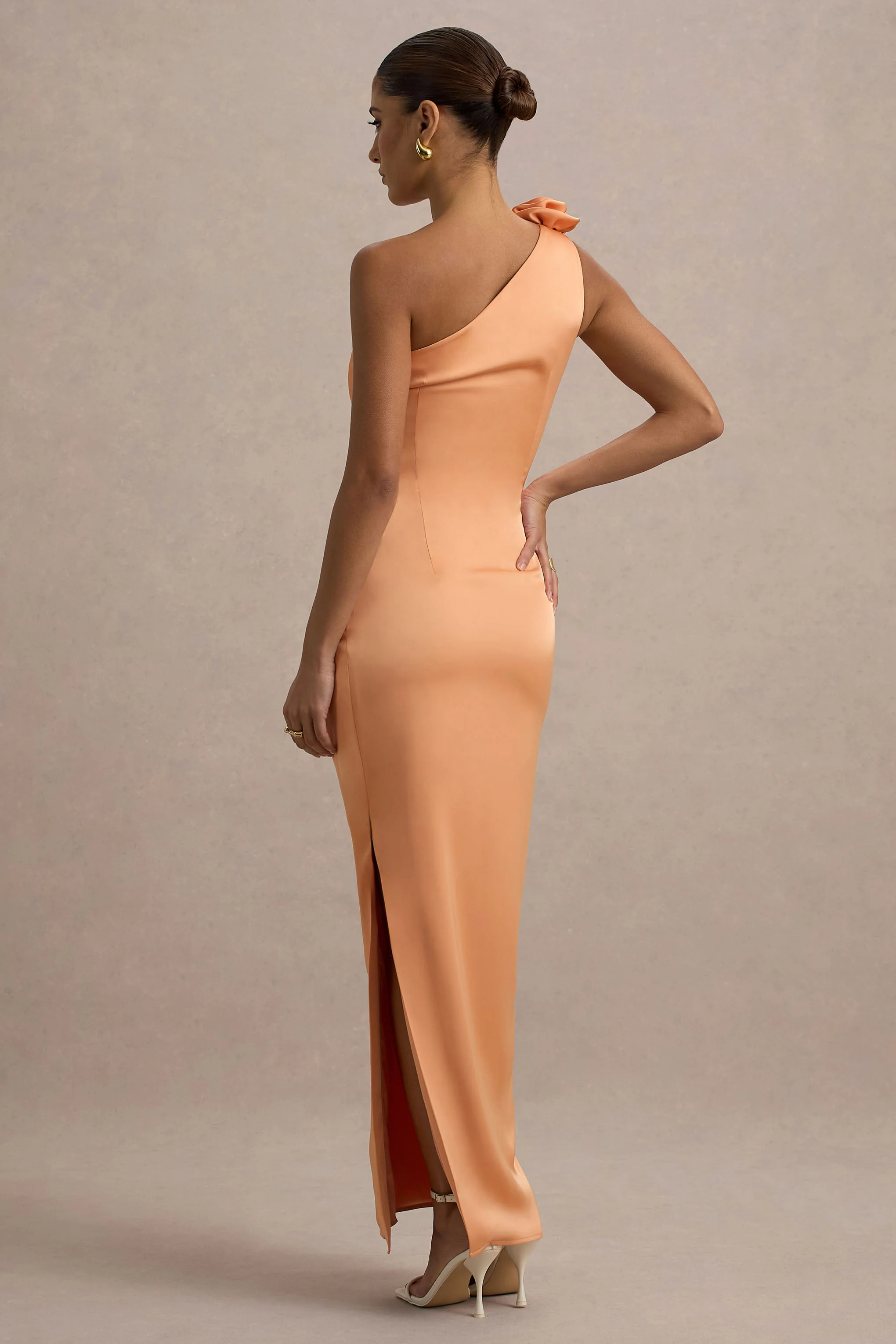 Janette | Peach Satin One-Shoulder Split Maxi Dress With Corsage - Image 2