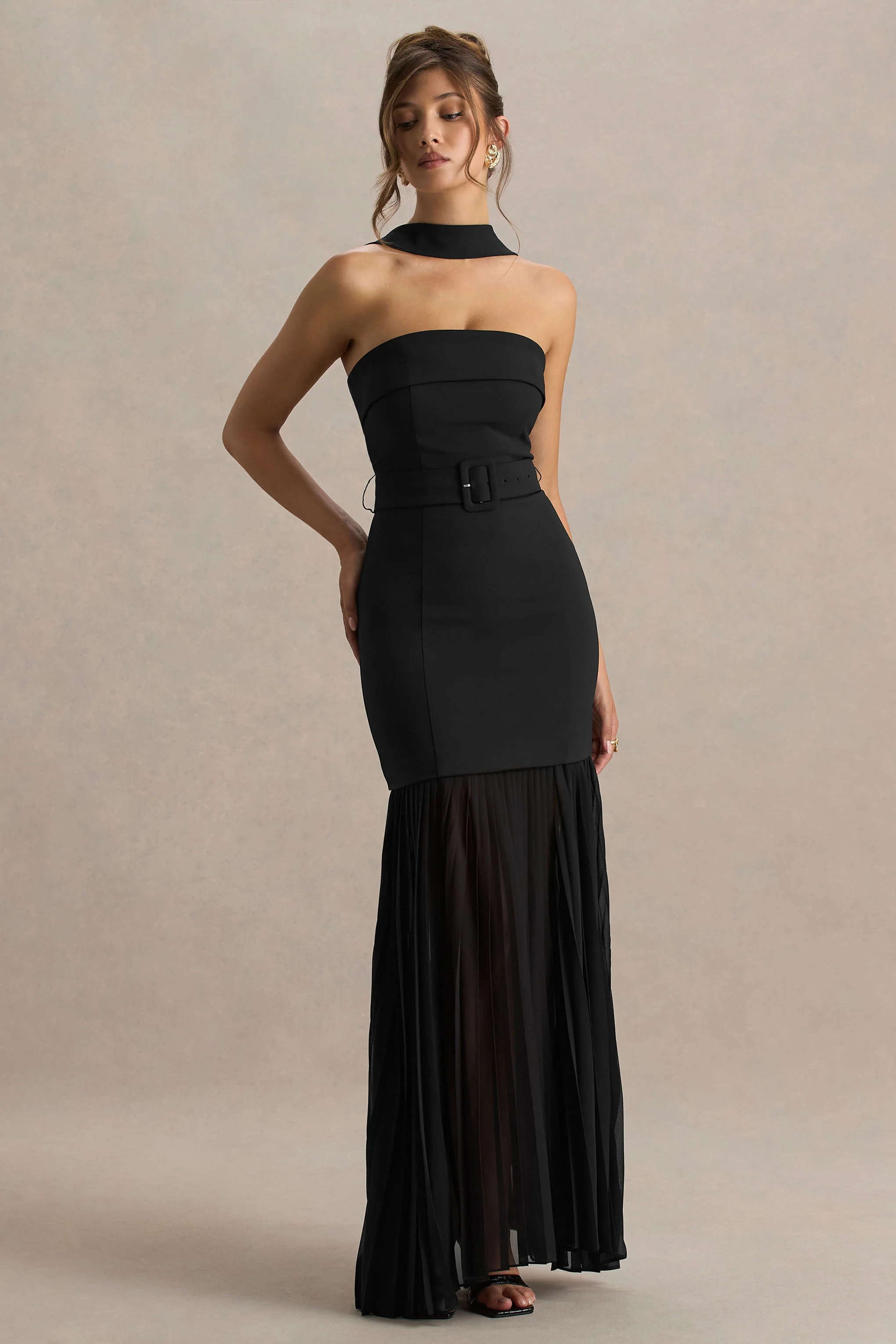 Jaquetta | Black Belted Maxi Dress With Pleated Chiffon Skirt - Image 5