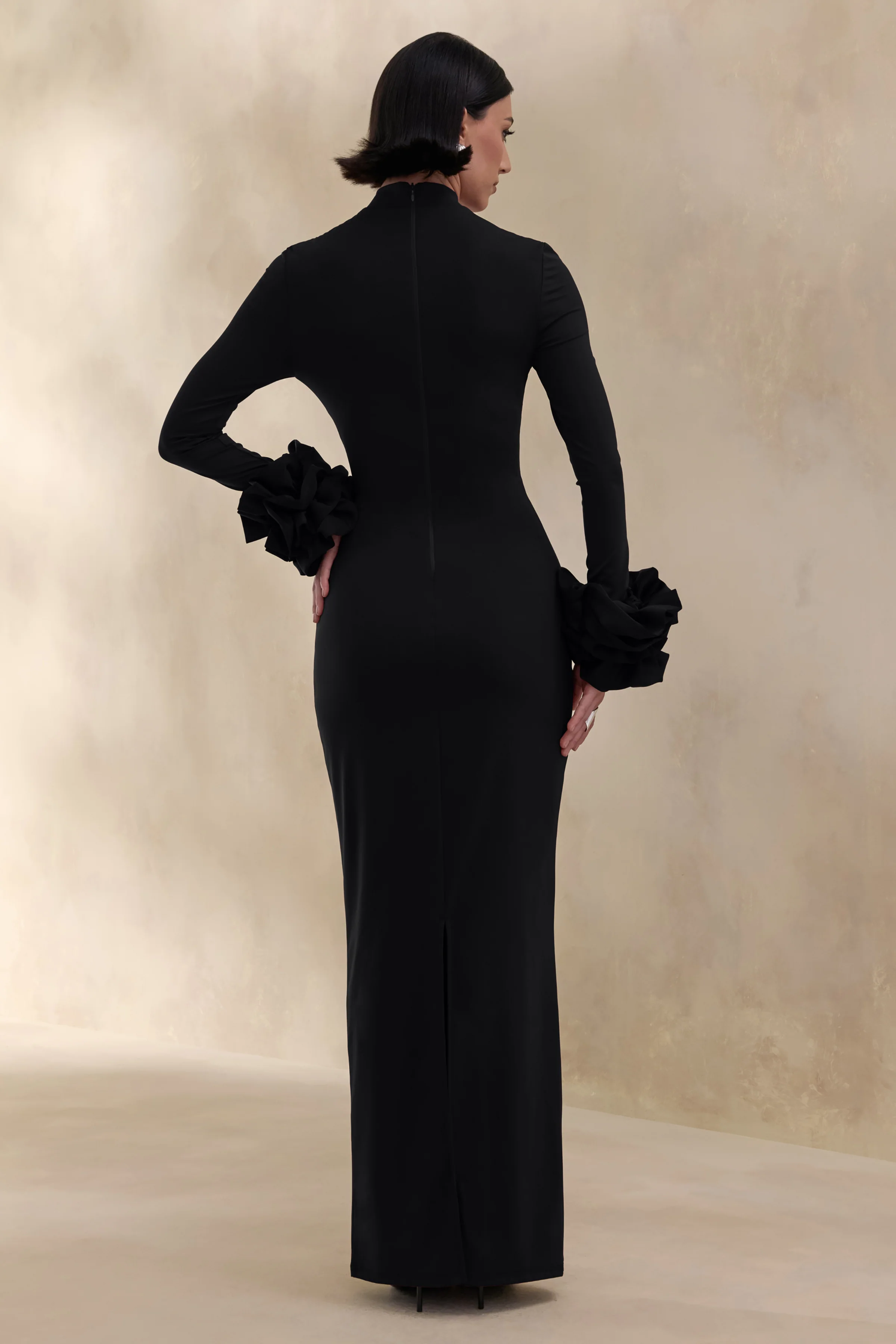 Jaselle | Black High-Neck Maxi Dress With Ruffled Satin-Cuffs - Image 2