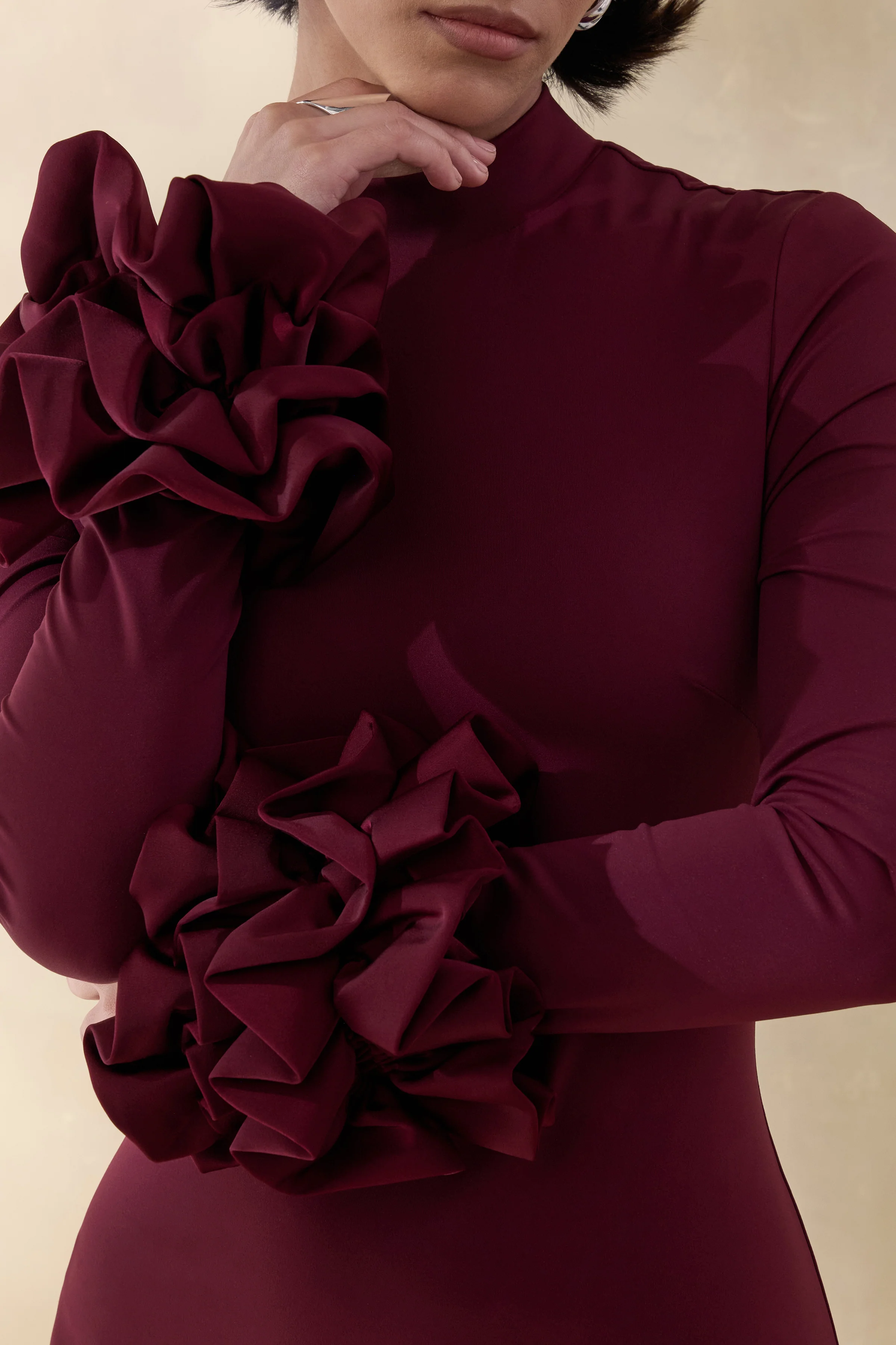 Jaselle | Dark Plum High-Neck Maxi Dress With Ruffled Satin-Cuffs - Image 5