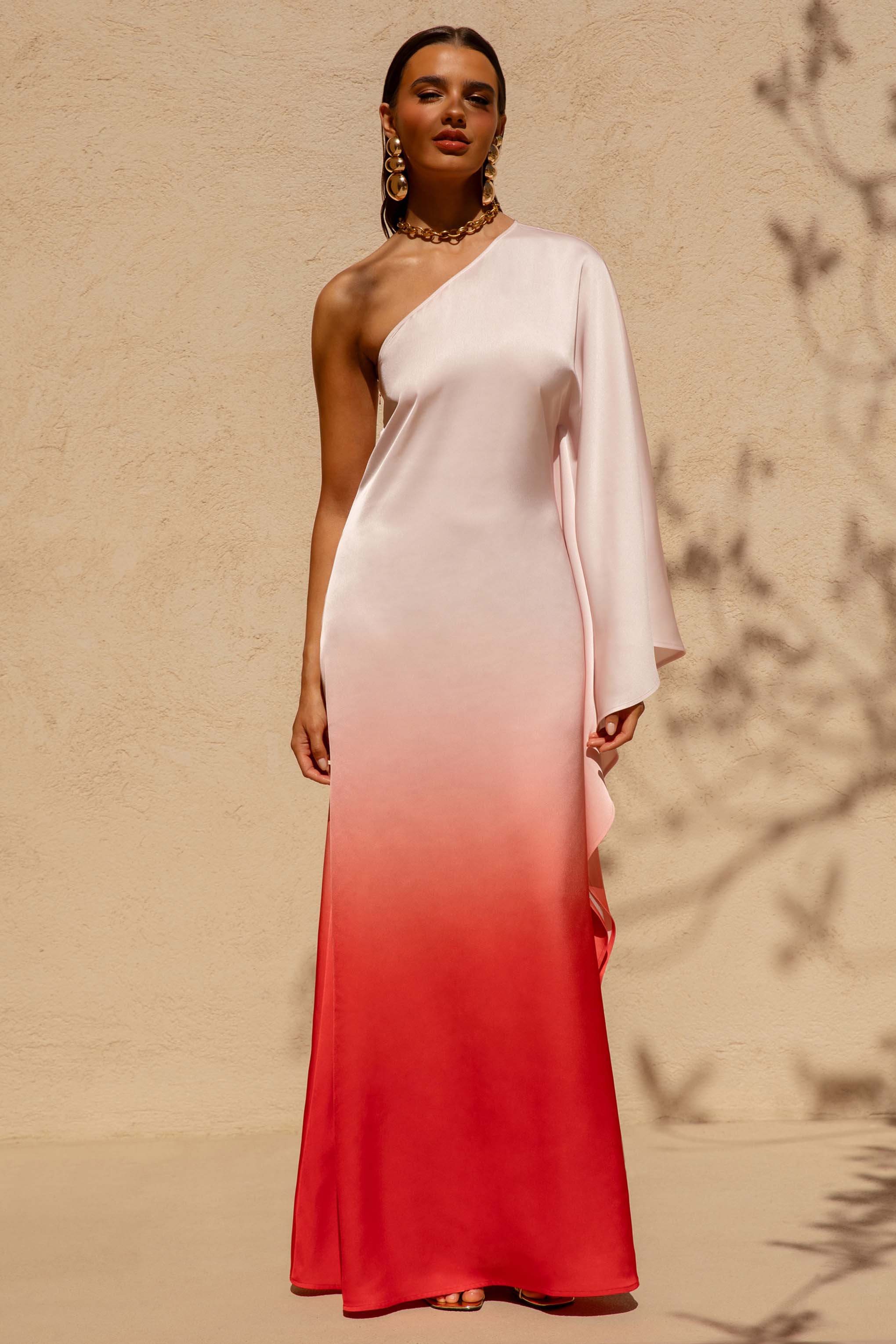 Jayla | Red Ombre Satin Asymmetric Maxi Dress With Long-Sleeve - Image 4