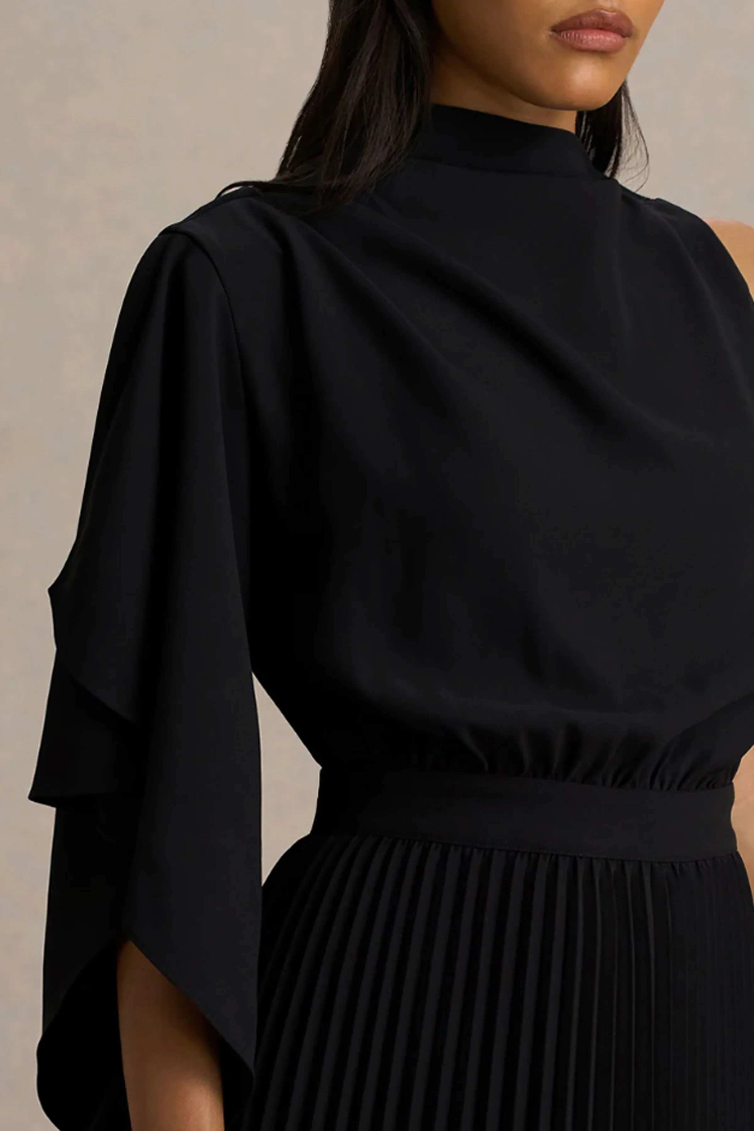 Jimena | Black High-Neck Midi Dress With One-Long Sleeve And Pleated Detailing - Image 3