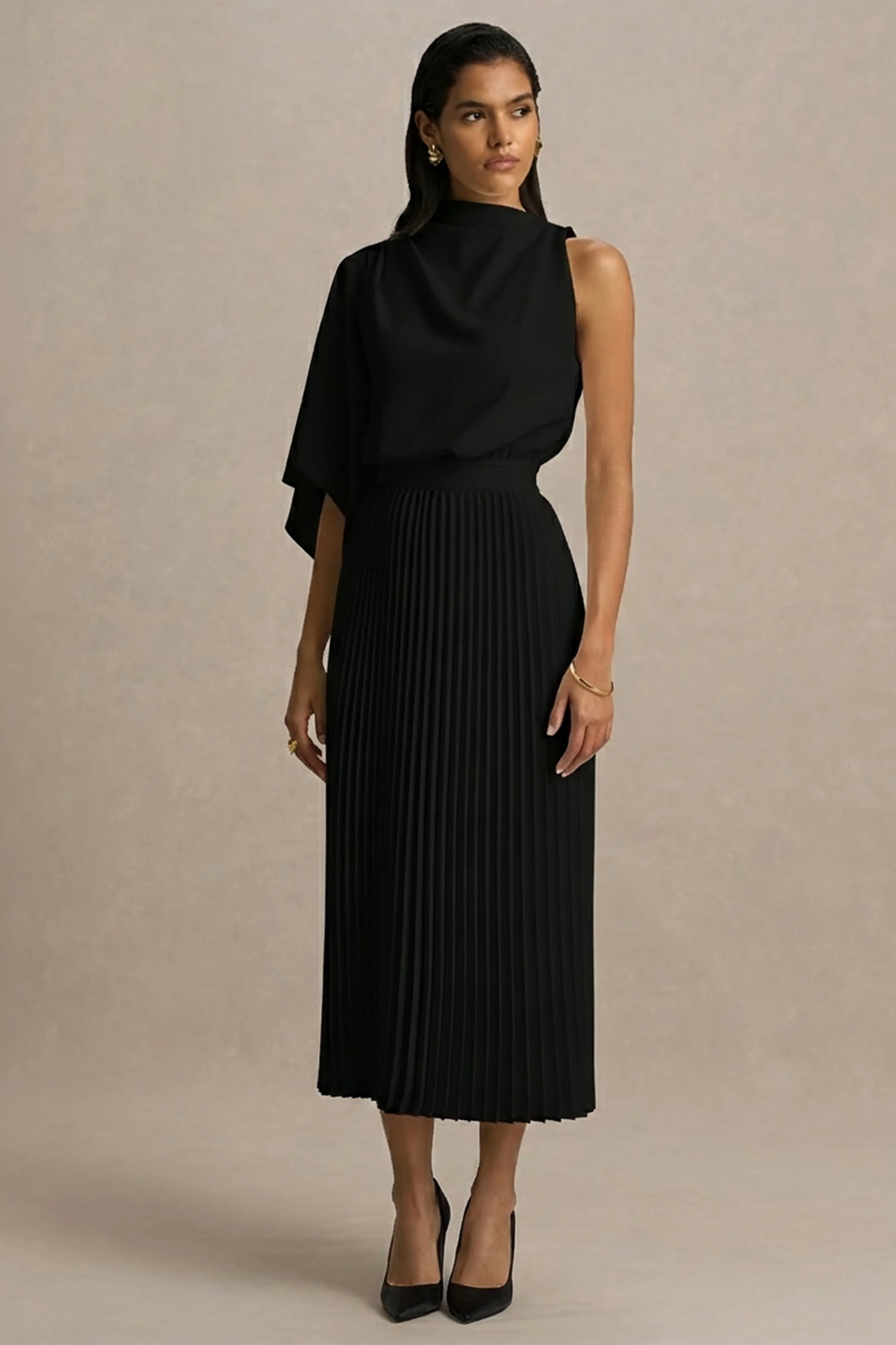 Jimena | Black High-Neck Midi Dress With One-Long Sleeve And Pleated Detailing - Image 4