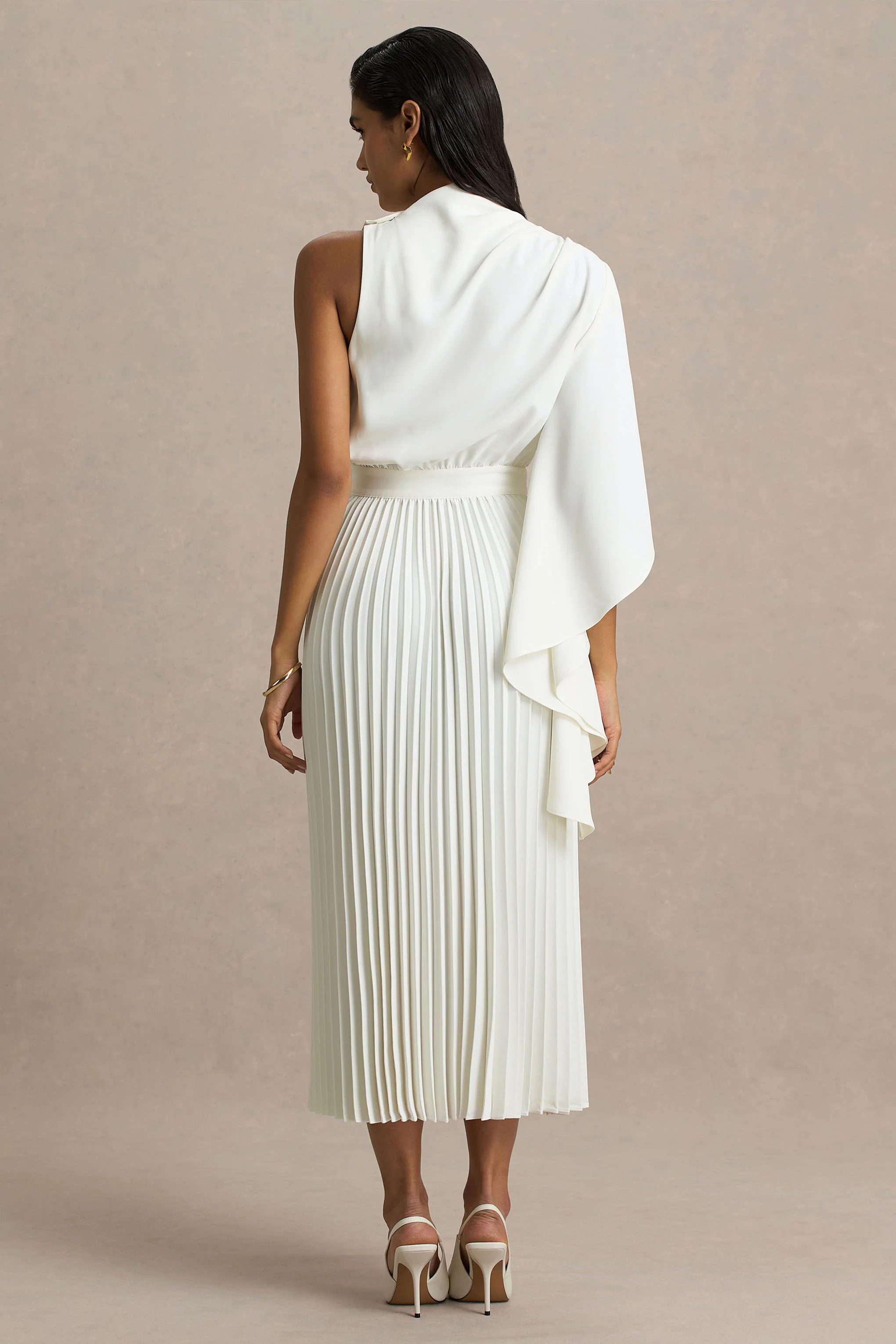 Jimena | Cream High-Neck Midi Dress With One-Long Sleeve And Pleated Detailing - Image 2