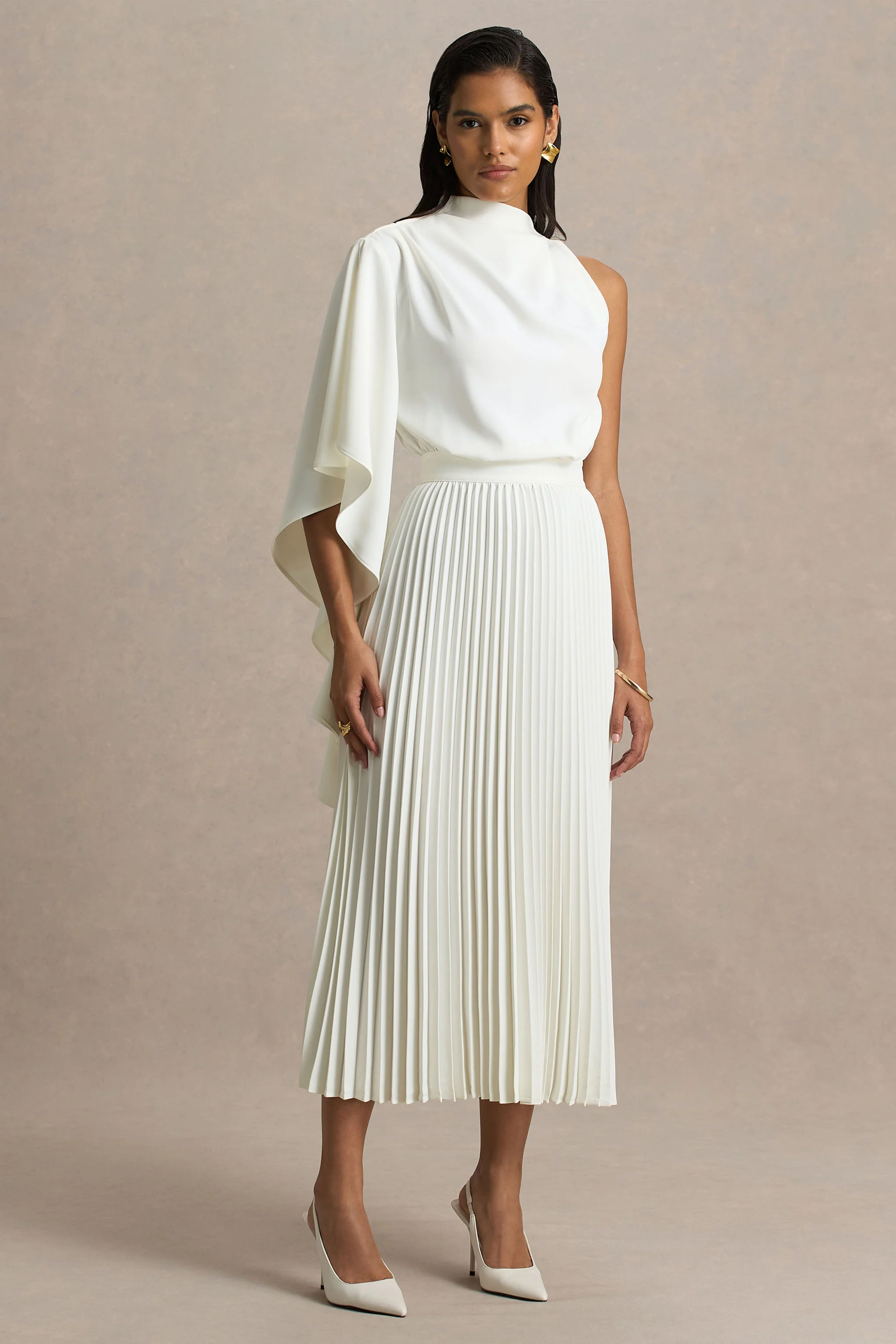 Jimena | Cream High-Neck Midi Dress With One-Long Sleeve And Pleated Detailing - Image 5