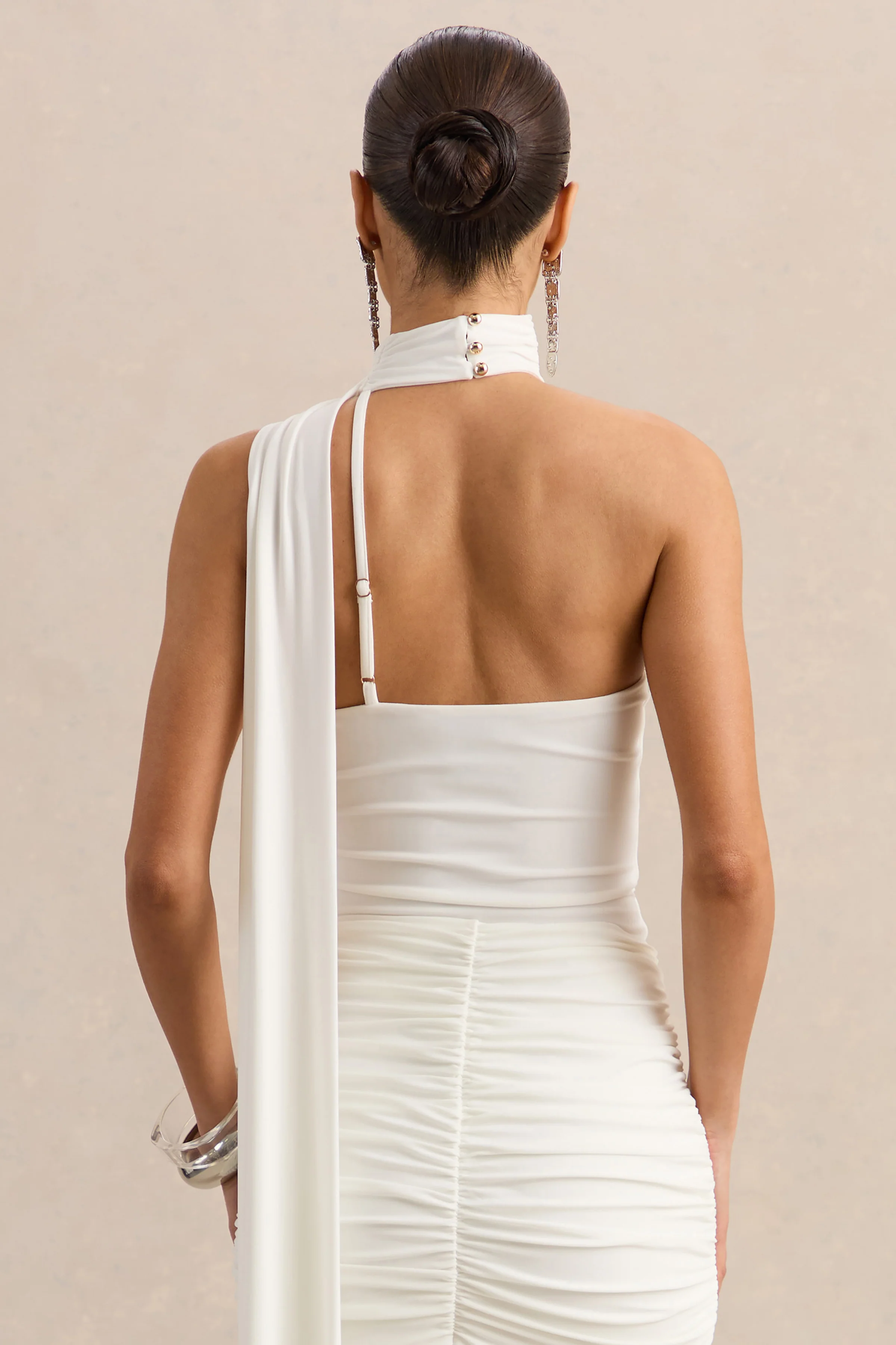 Jisella | White Asymmetric-Neck Thong Bodysuit With Scarf - Image 2