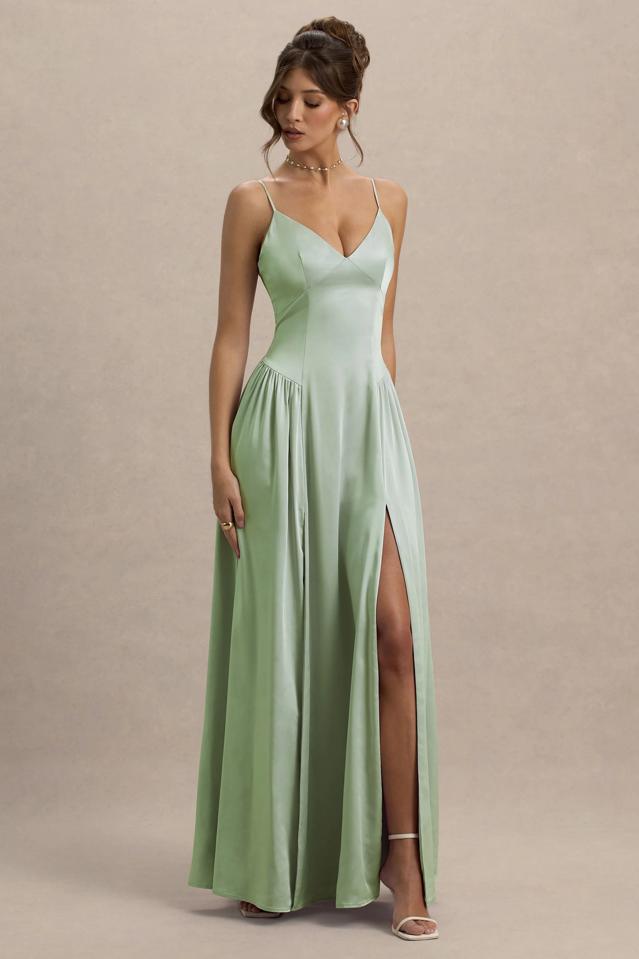 Jonas | Light Green Plunge-Neck Maxi Dress With Cami Straps - Image 3