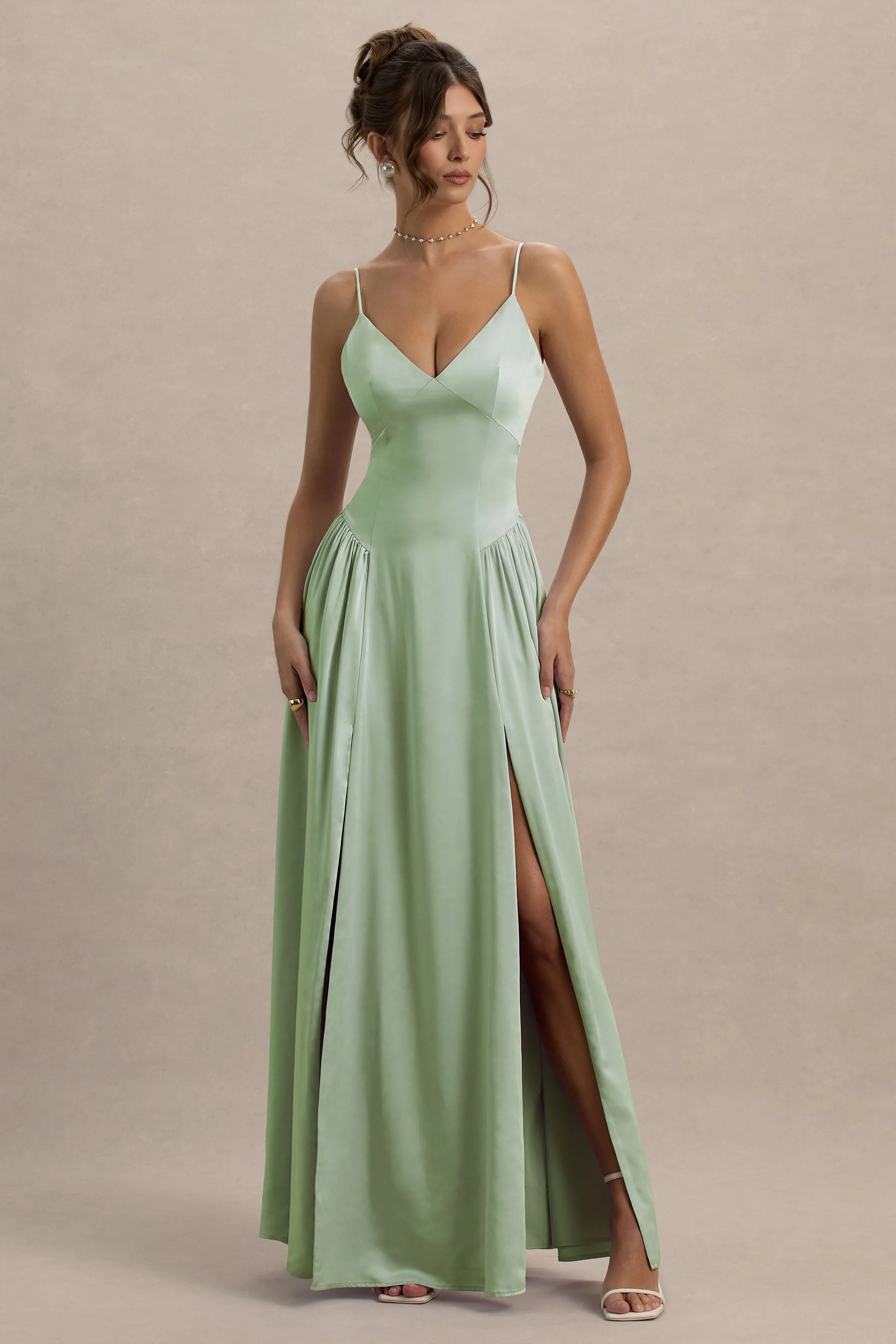 Jonas | Light Green Plunge-Neck Maxi Dress With Cami Straps - Image 4