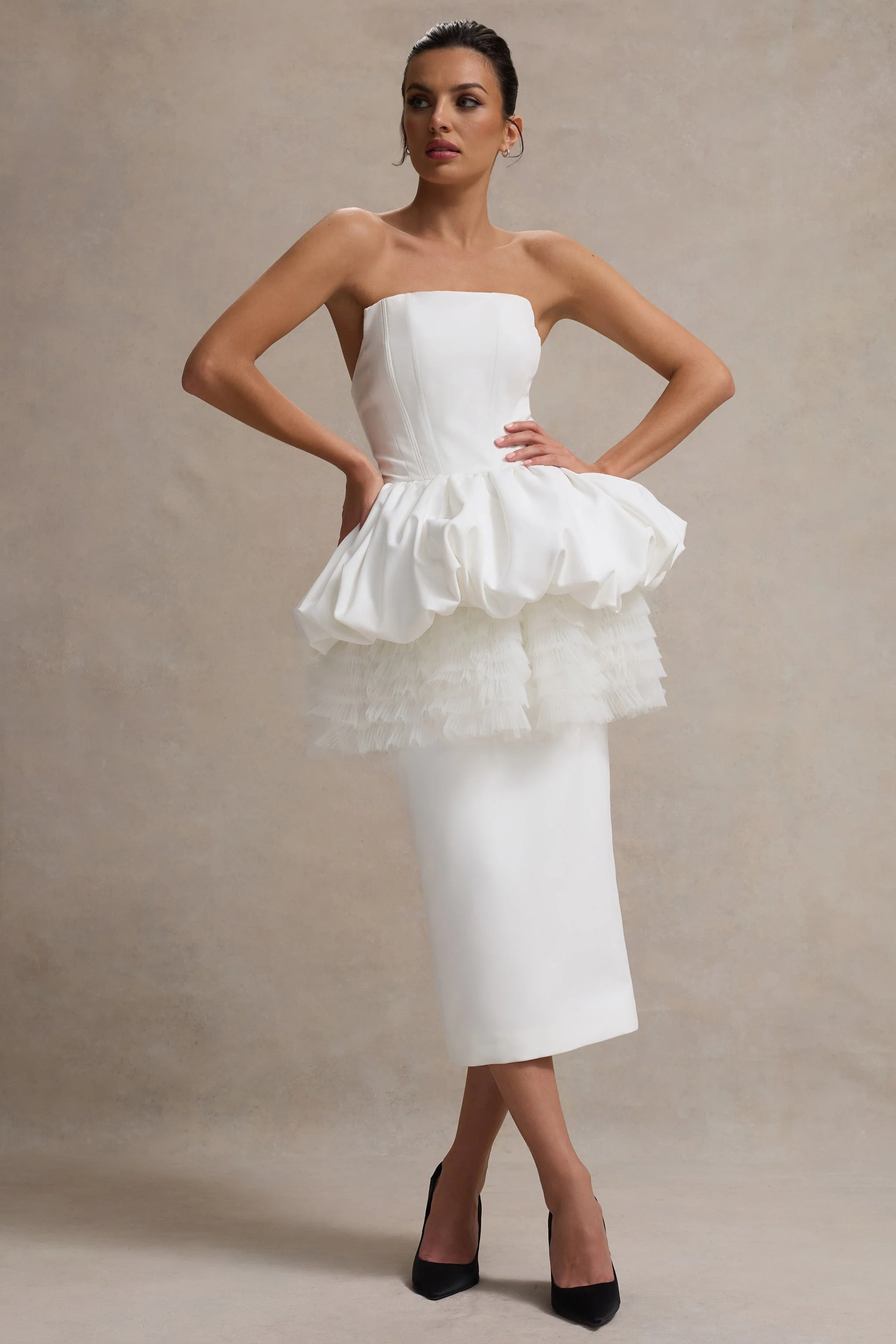 Jones | White Strapless Midi Dress With Tulle Peplum Waist - Image 3