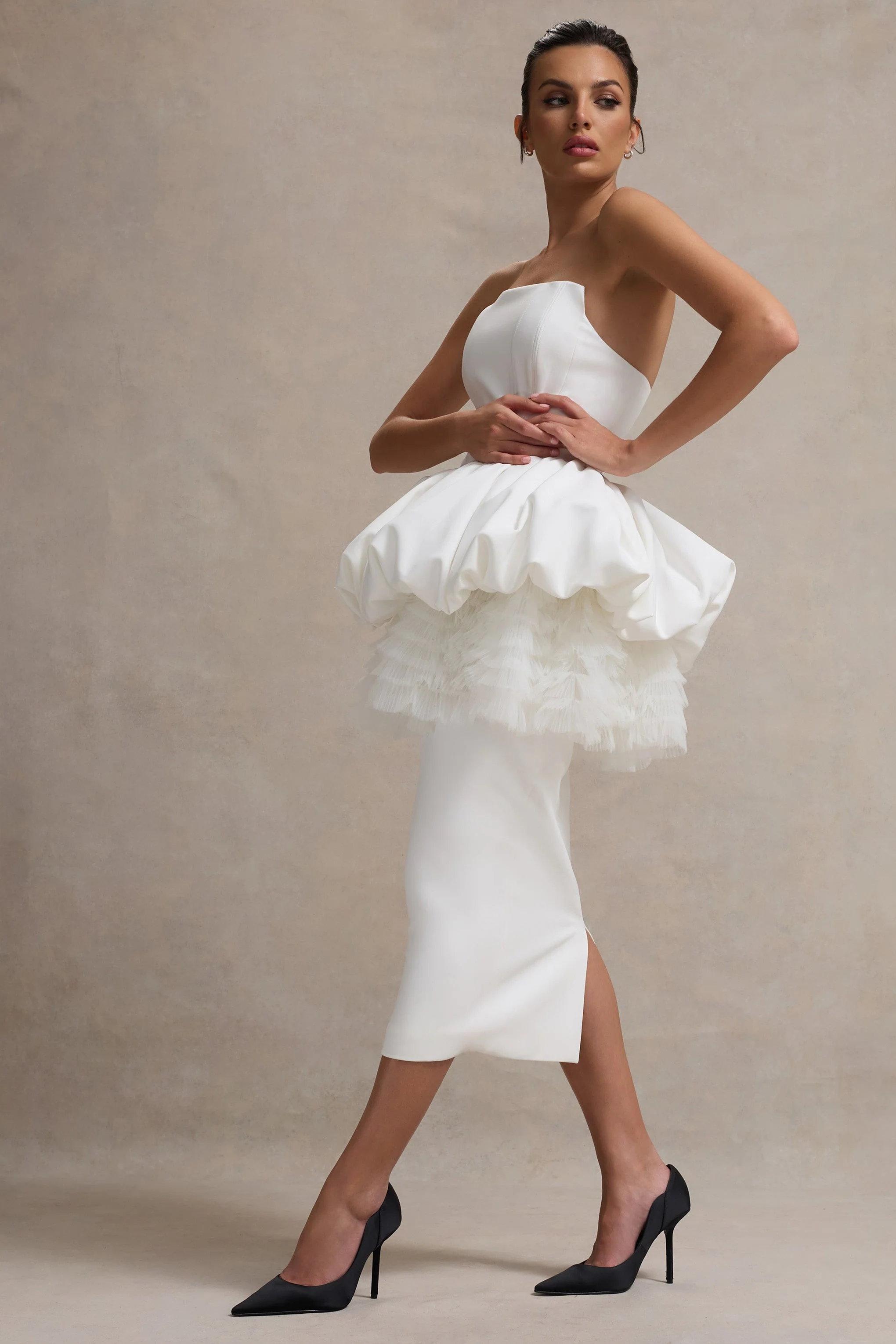 Jones | White Strapless Midi Dress With Tulle Peplum Waist - Image 4