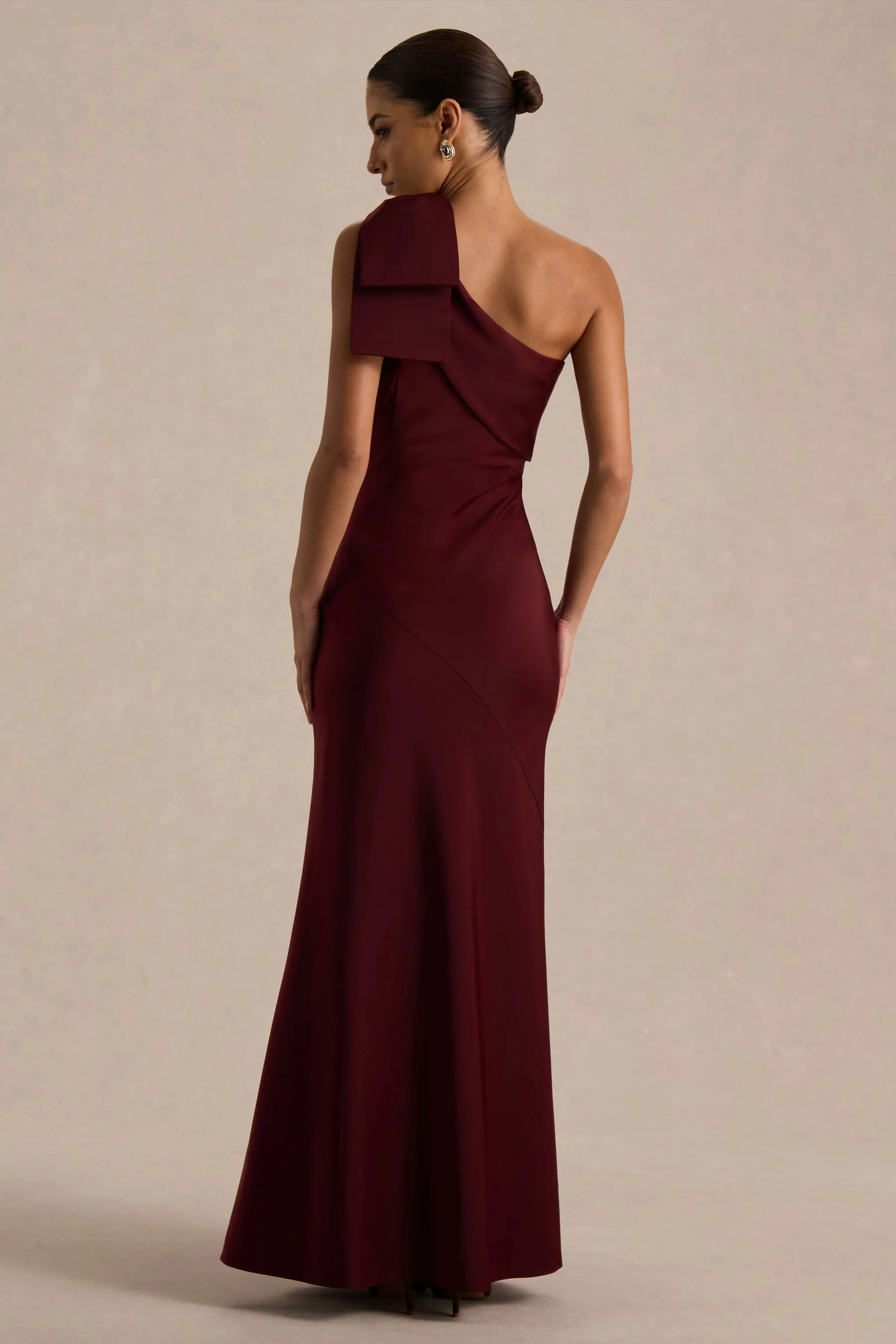 Josephine | Burgundy Matte Satin Asymmetric-Neck Maxi Dress With Bow Detail - Image 2