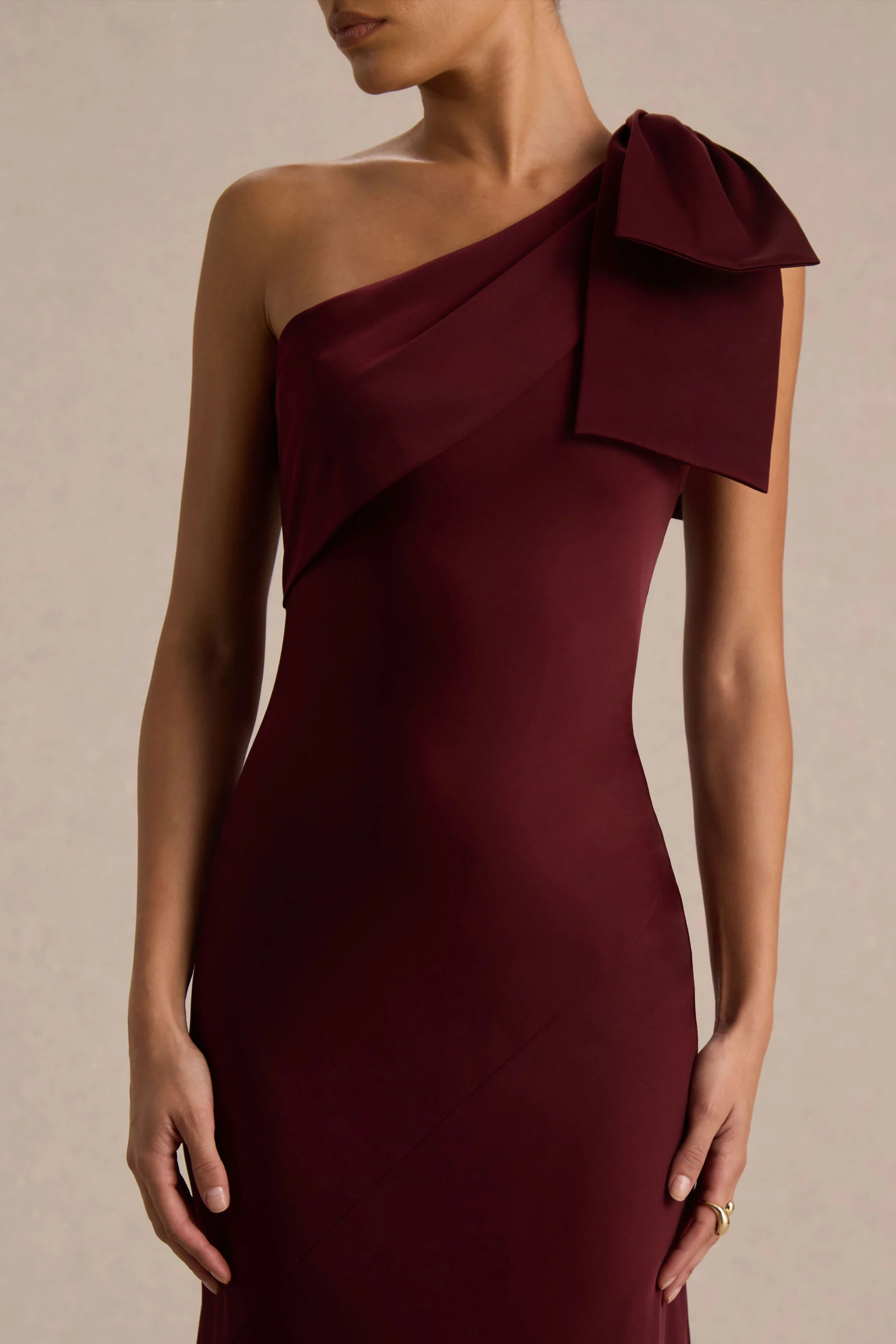Josephine | Burgundy Matte Satin Asymmetric-Neck Maxi Dress With Bow Detail - Image 3