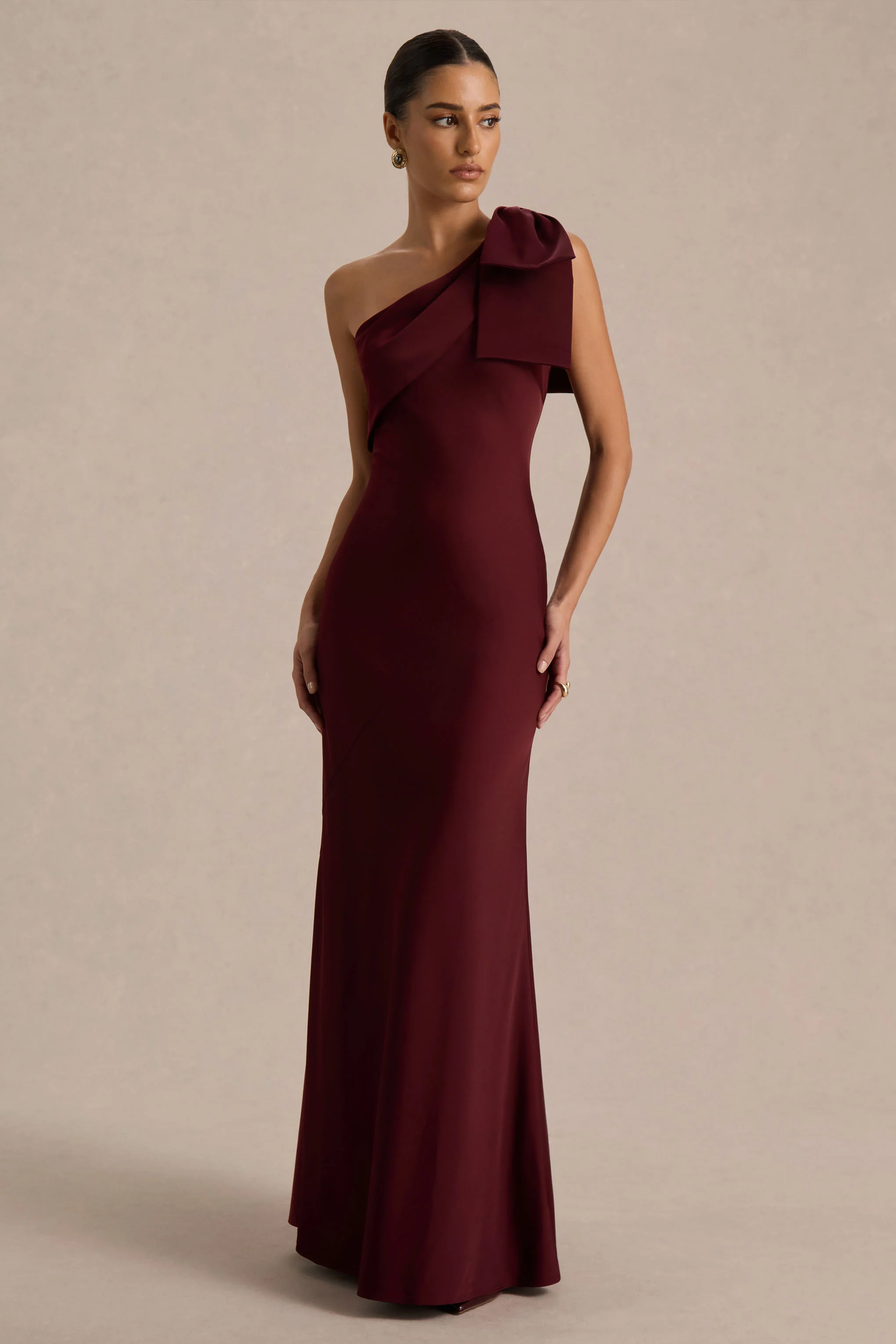 Josephine | Burgundy Matte Satin Asymmetric-Neck Maxi Dress With Bow Detail - Image 4
