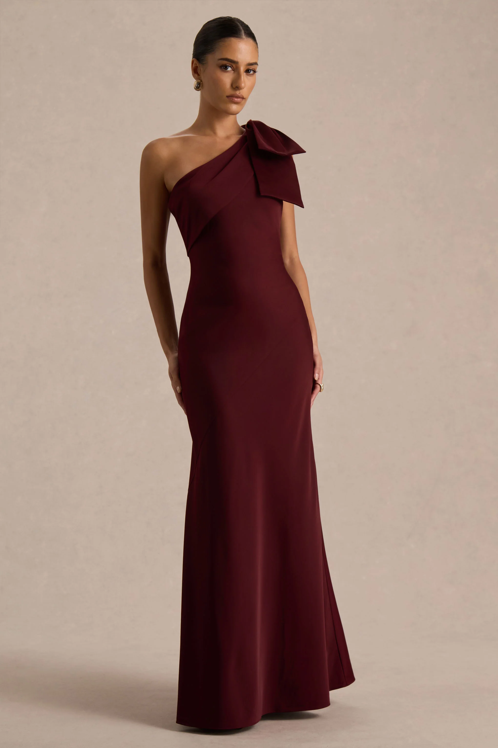 Josephine | Burgundy Matte Satin Asymmetric-Neck Maxi Dress With Bow Detail - Image 5
