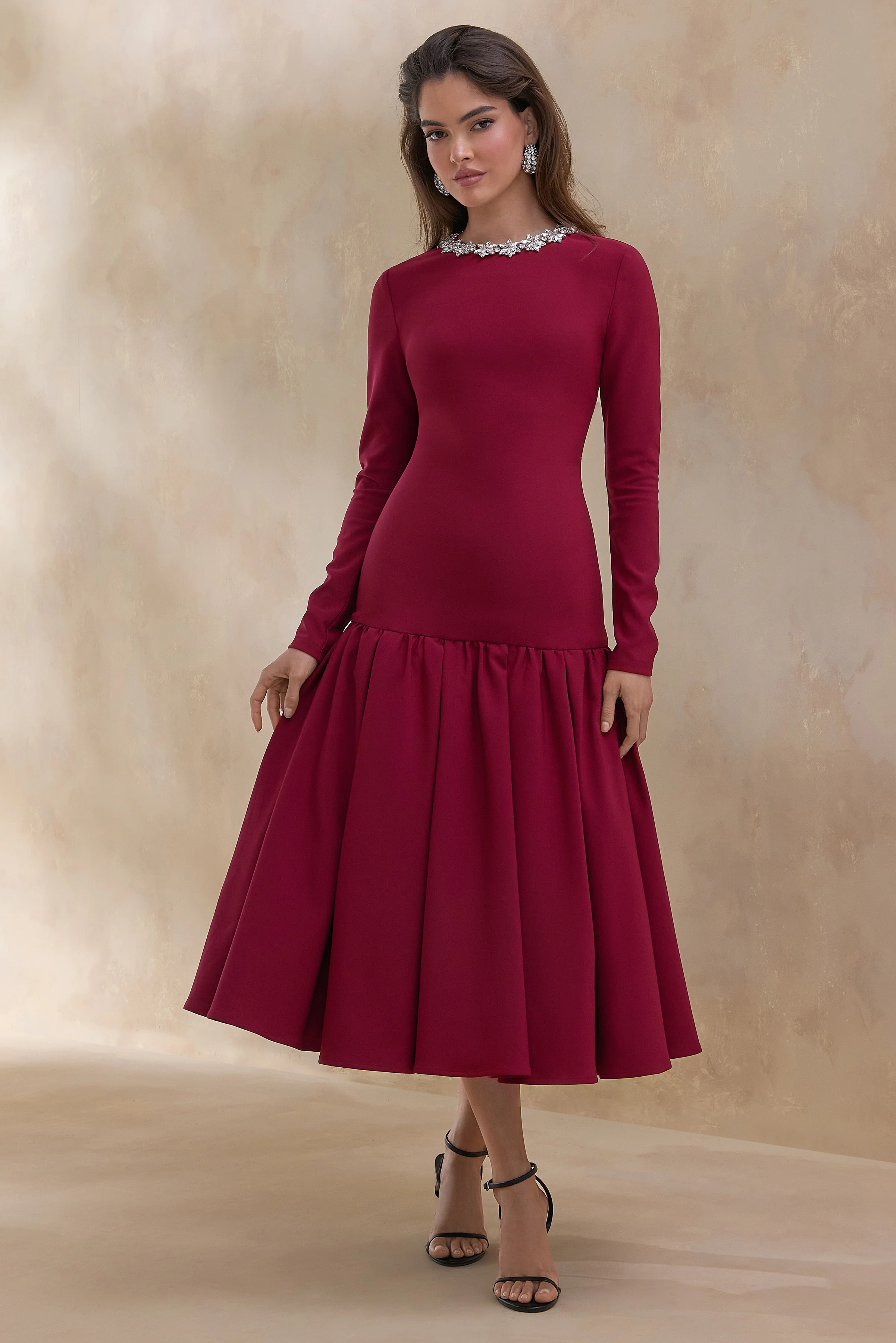 Jovana | Burgundy Hand-Embellished Crew-Neck Midi Dress With Drop Waist - Image 4