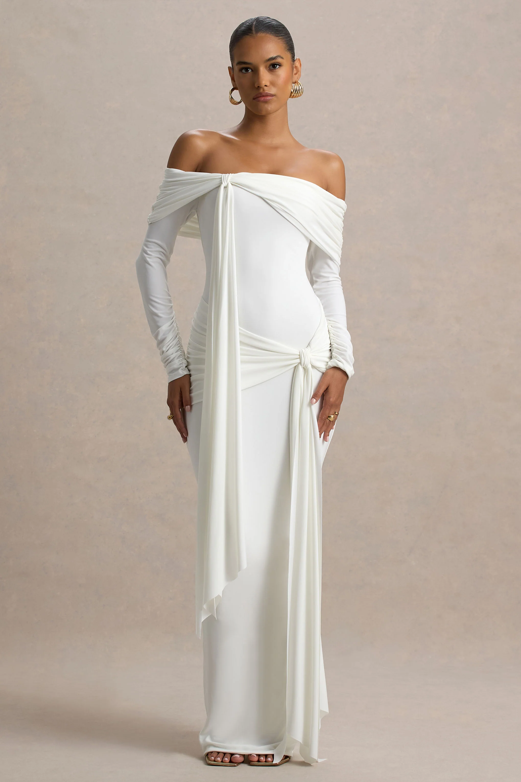 Jovie | White Bardot Wrap Maxi Dress With Sash Detail - Image 4