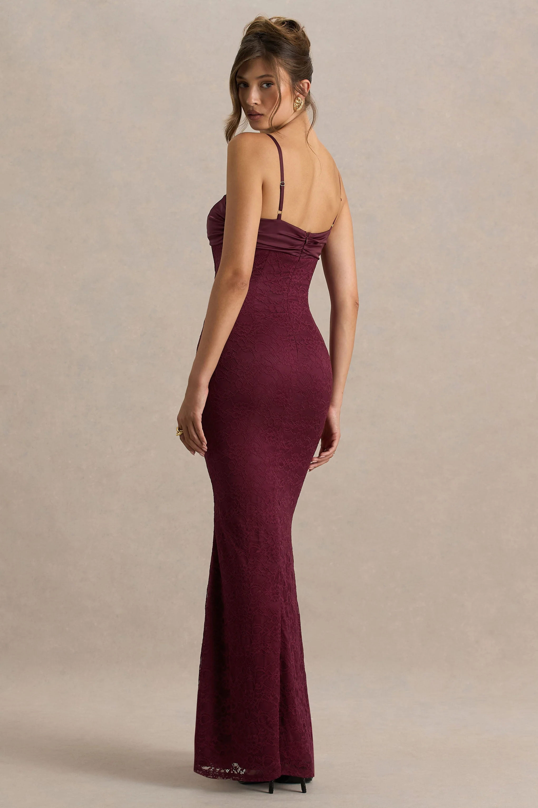 Juana | Burgundy Lace And Satin Sweetheart-Neck Satin Maxi Dress - Image 2