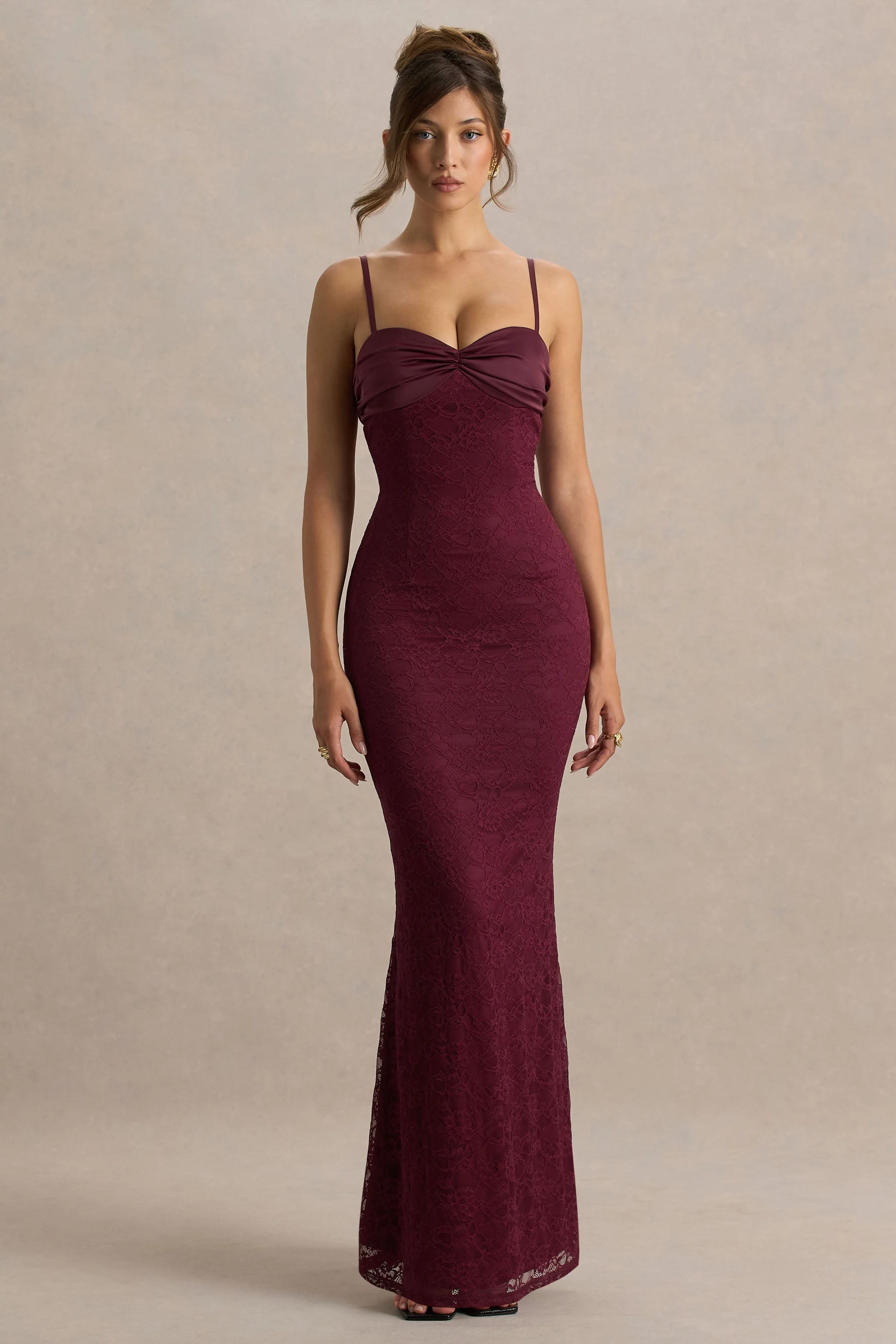 Juana | Burgundy Lace And Satin Sweetheart-Neck Satin Maxi Dress - Image 4