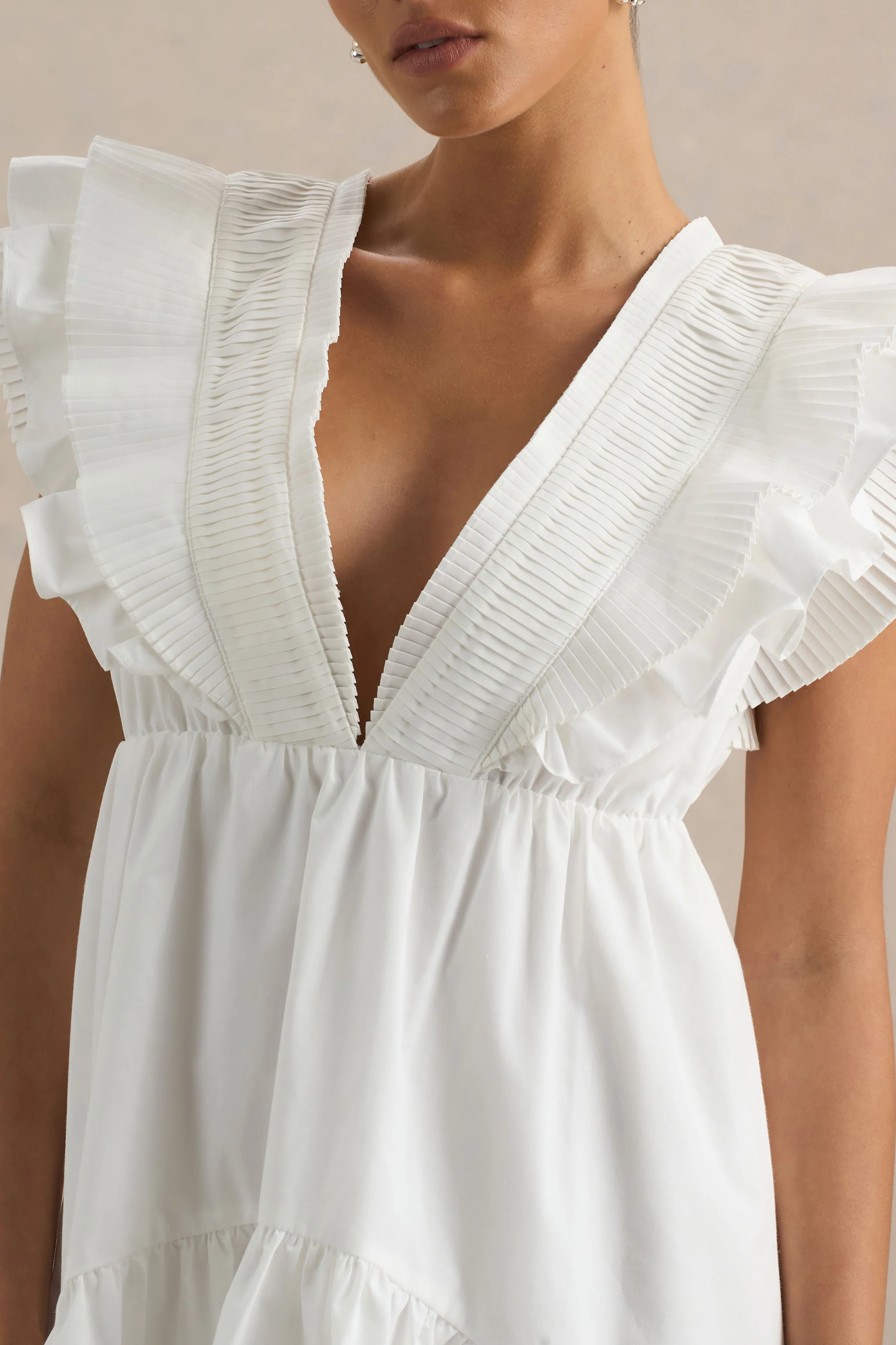 Judie | White Poplin V-Neck Ruffled Mini Dress - Image 7