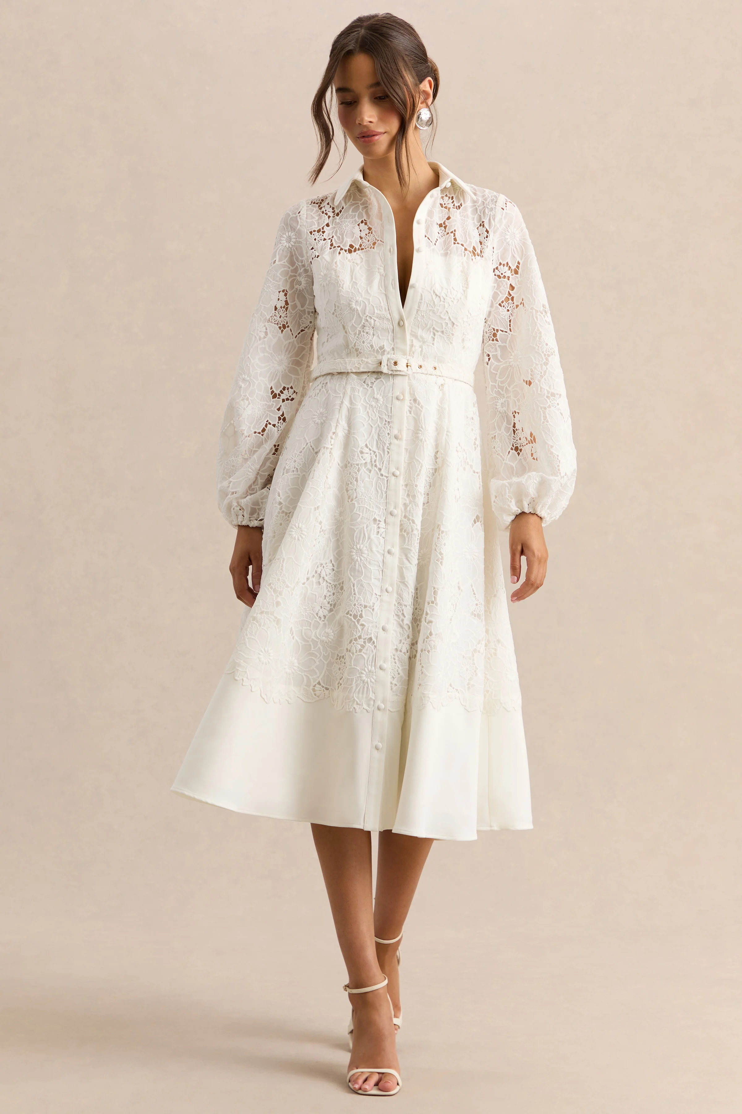 Jules | Cream Broderie High-Neck Tailored Midi Dress With Puff-Sleeves