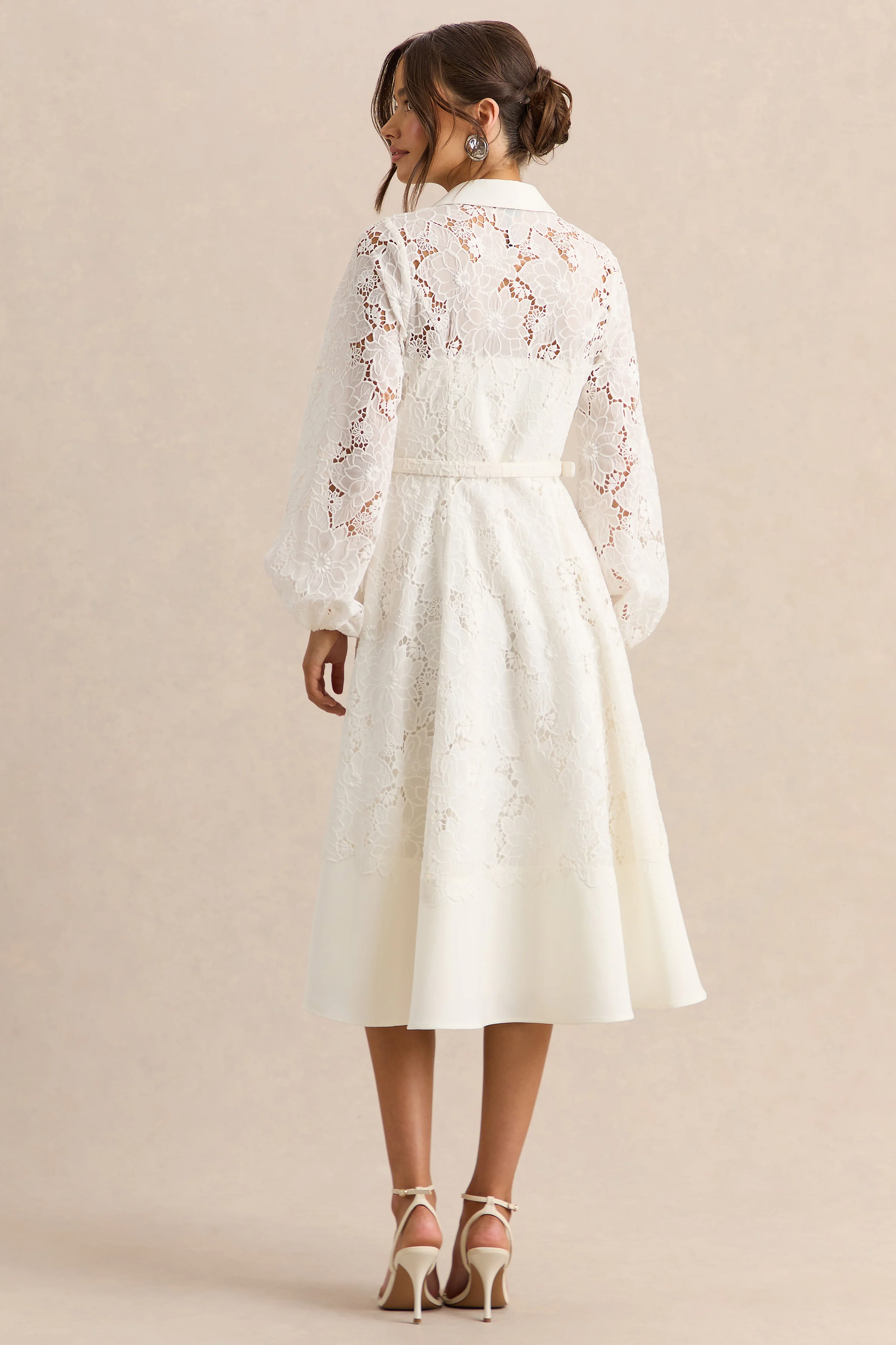 Jules | Cream Broderie High-Neck Tailored Midi Dress With Puff-Sleeves - Image 2