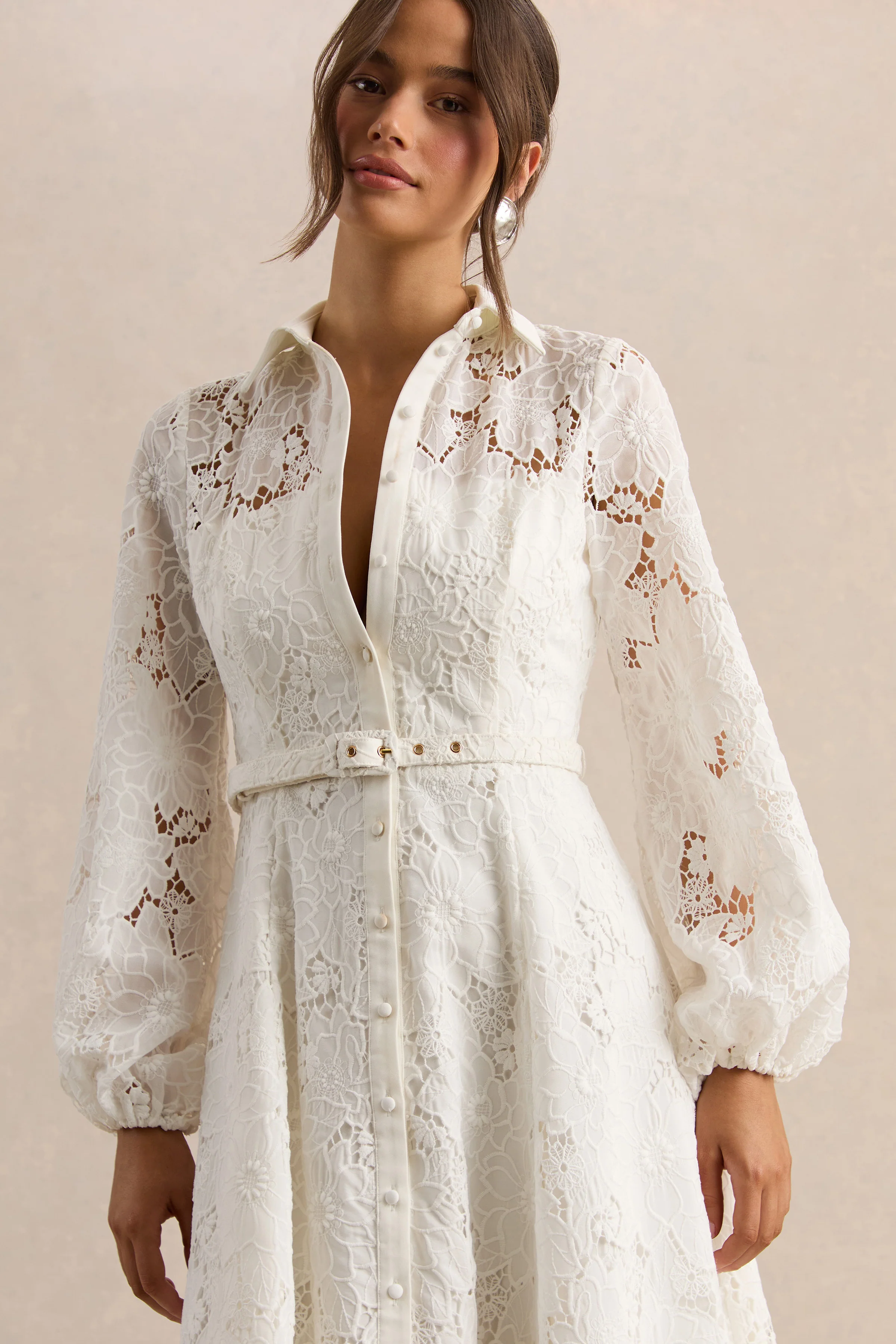 Jules | Cream Broderie High-Neck Tailored Midi Dress With Puff-Sleeves - Image 3