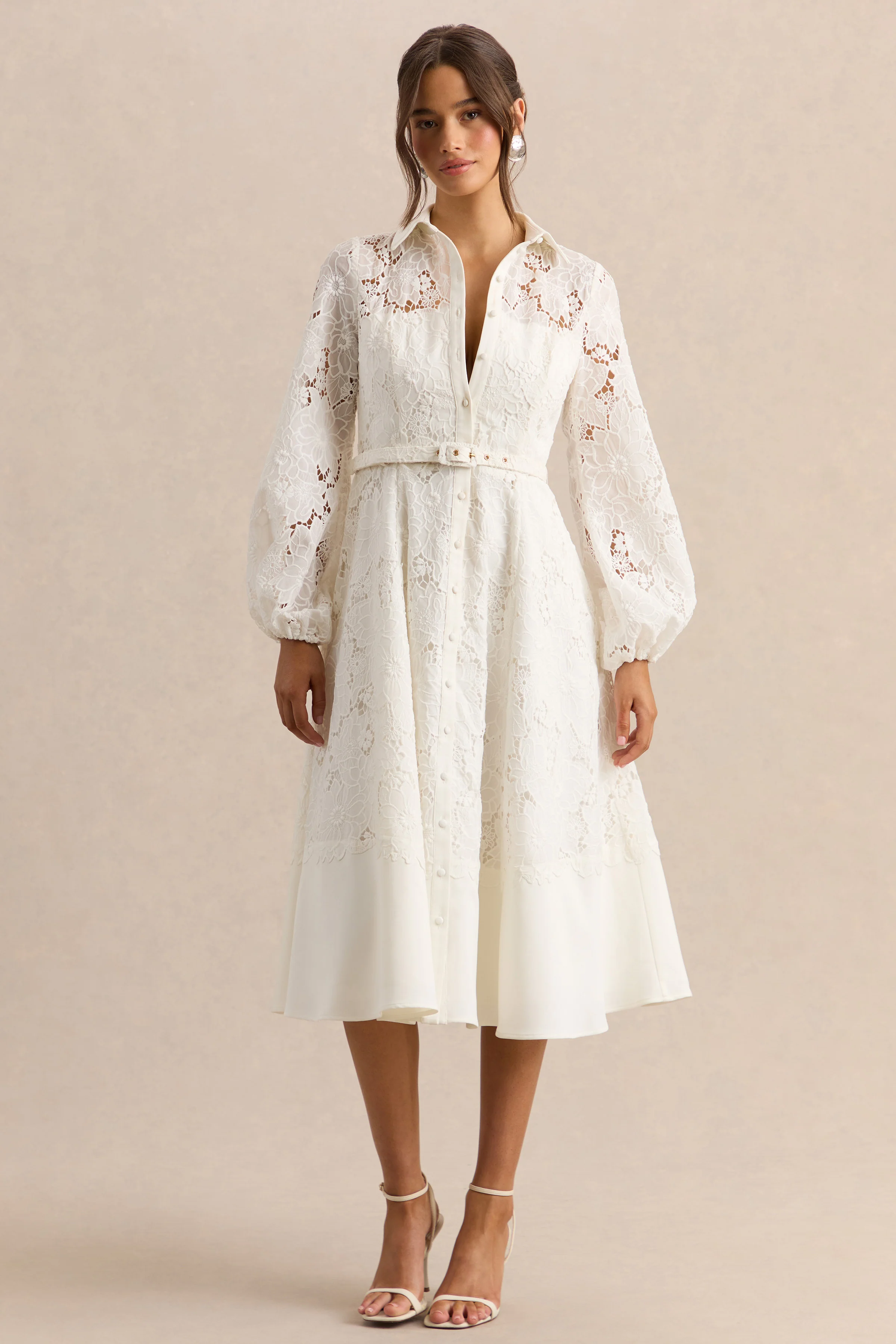 Jules | Cream Broderie High-Neck Tailored Midi Dress With Puff-Sleeves - Image 4