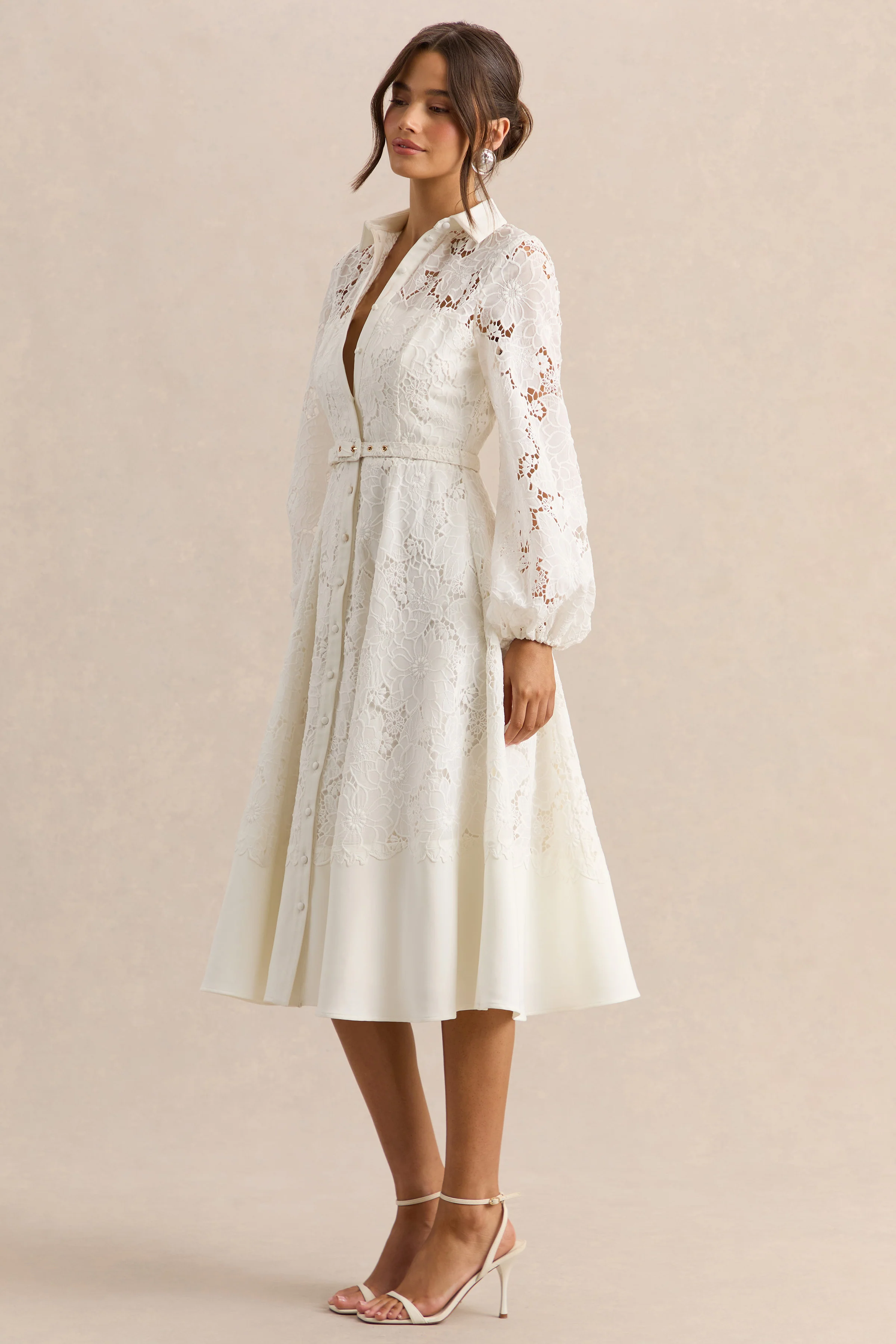 Jules | Cream Broderie High-Neck Tailored Midi Dress With Puff-Sleeves - Image 5