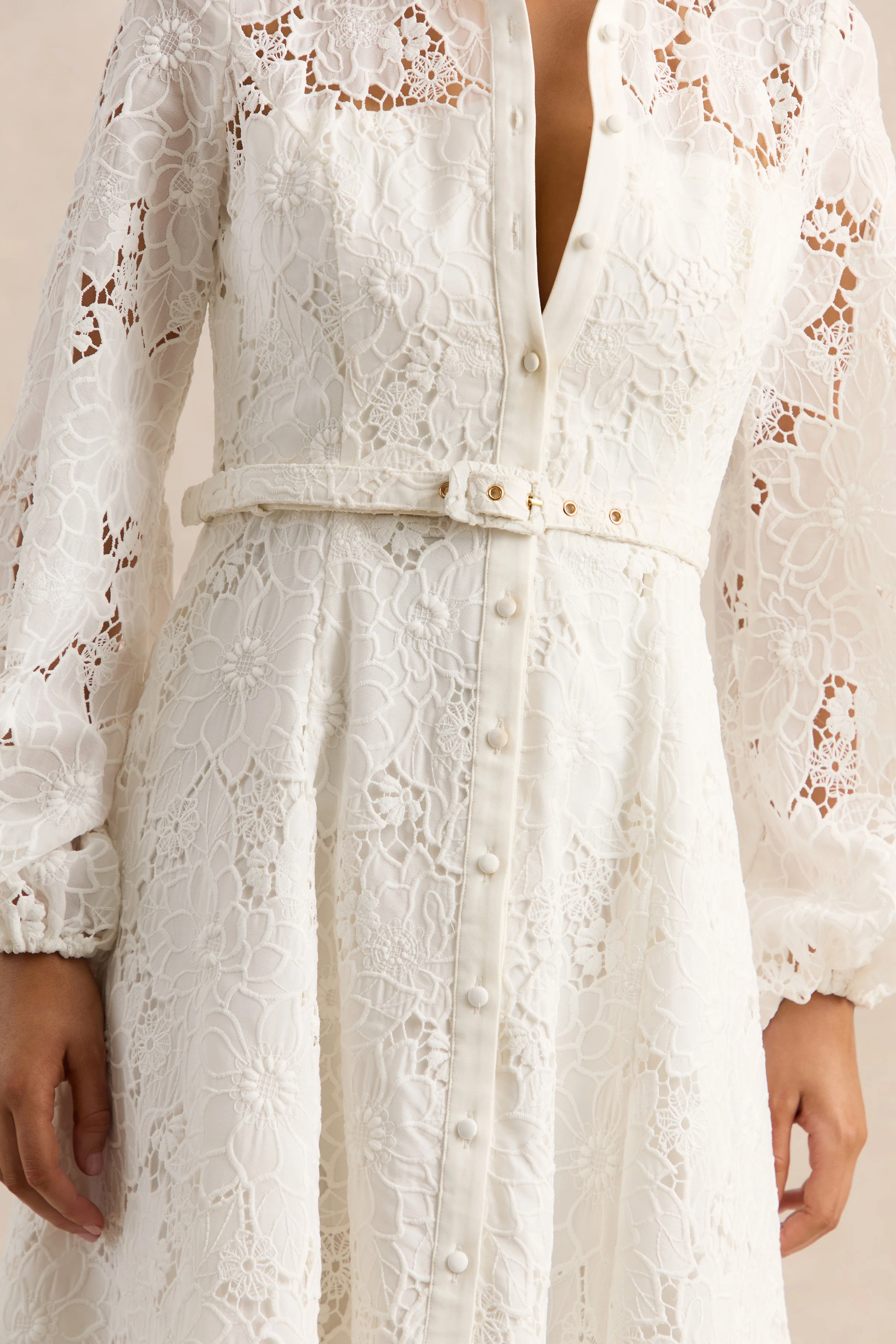 Jules | Cream Broderie High-Neck Tailored Midi Dress With Puff-Sleeves - Image 6