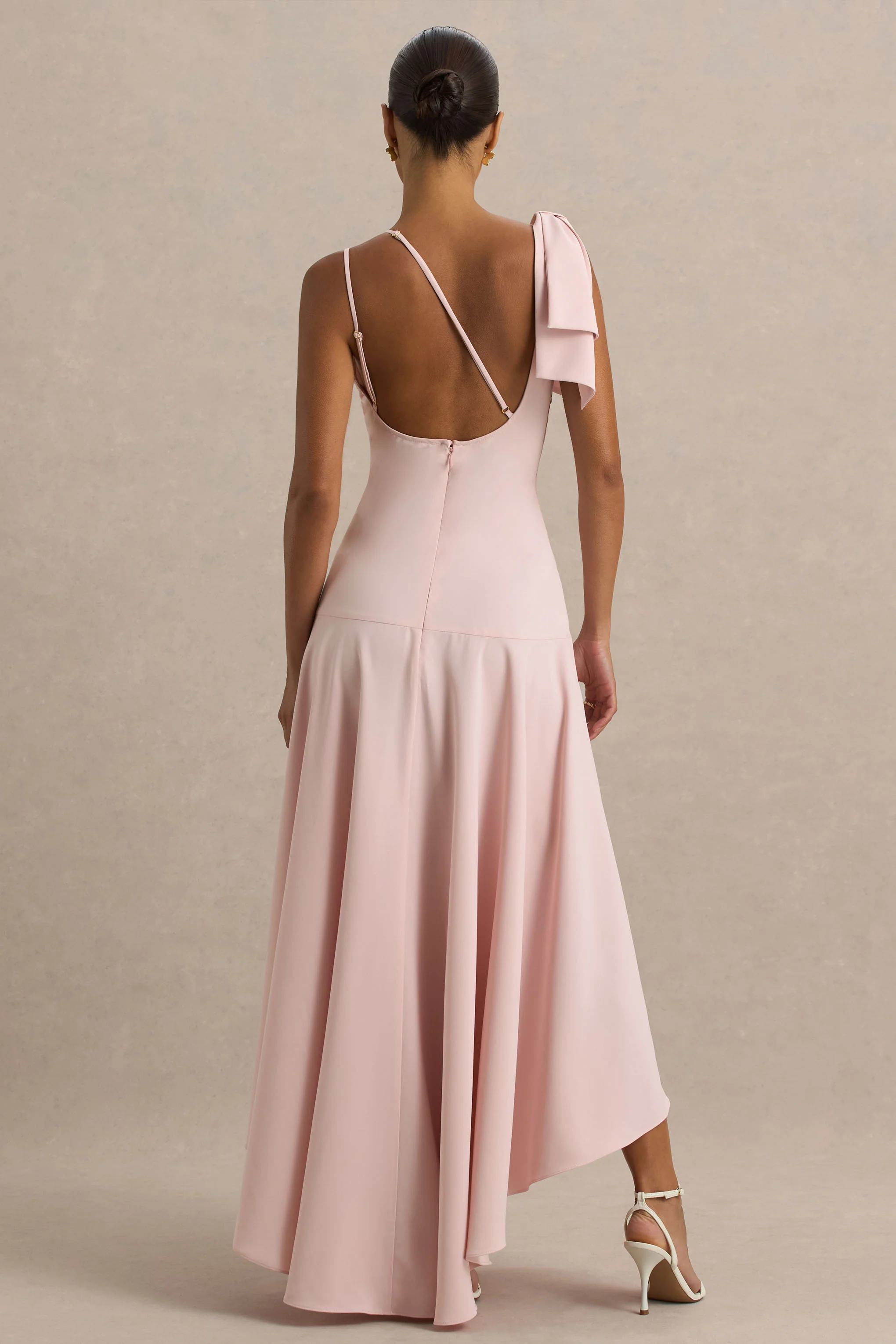 Julieta | Baby Pink Asymmetric-Neck Maxi Dress With Bow Detail And Open-Back - Image 2