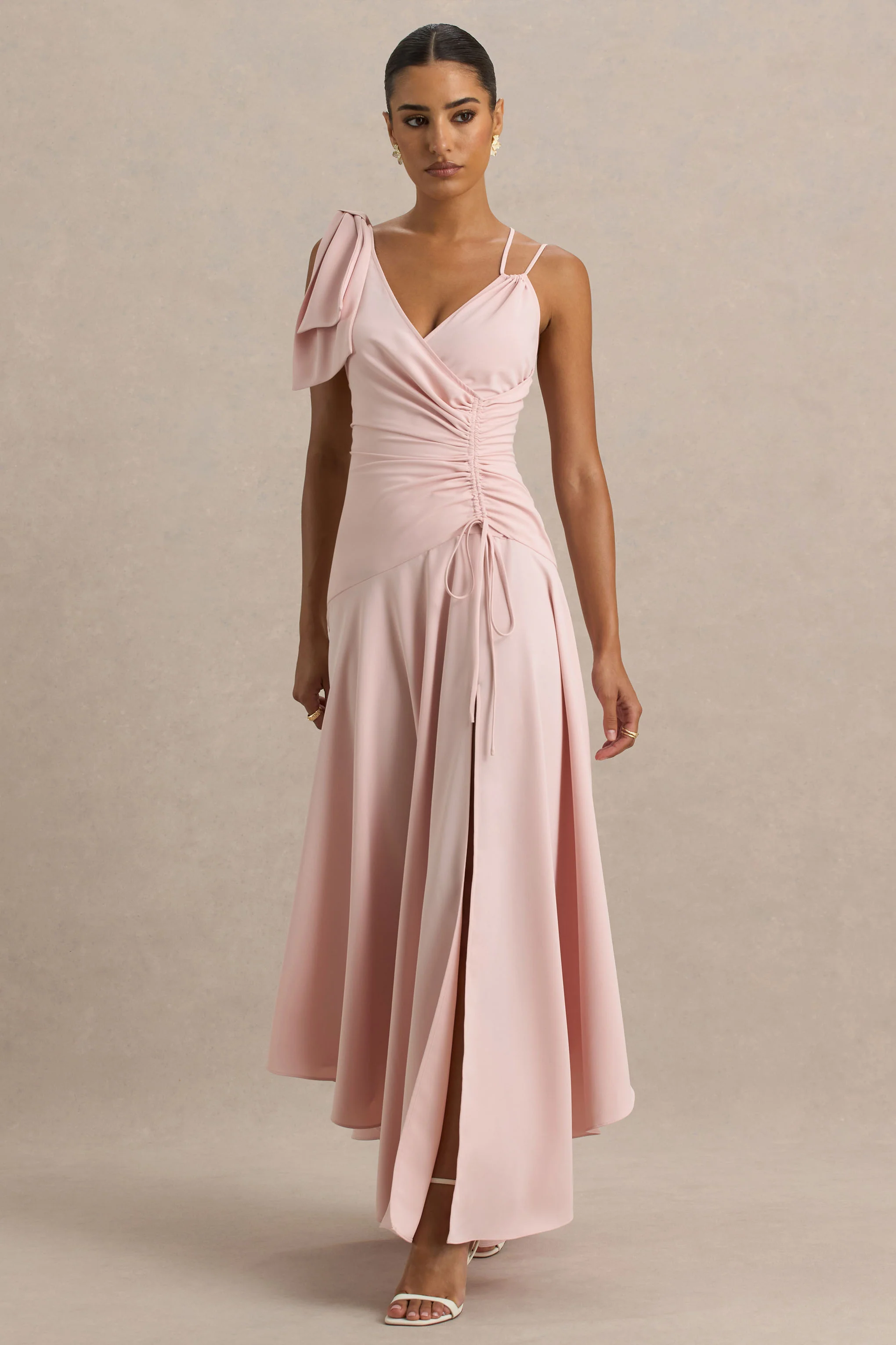 Julieta | Baby Pink Asymmetric-Neck Maxi Dress With Bow Detail And Open-Back - Image 3