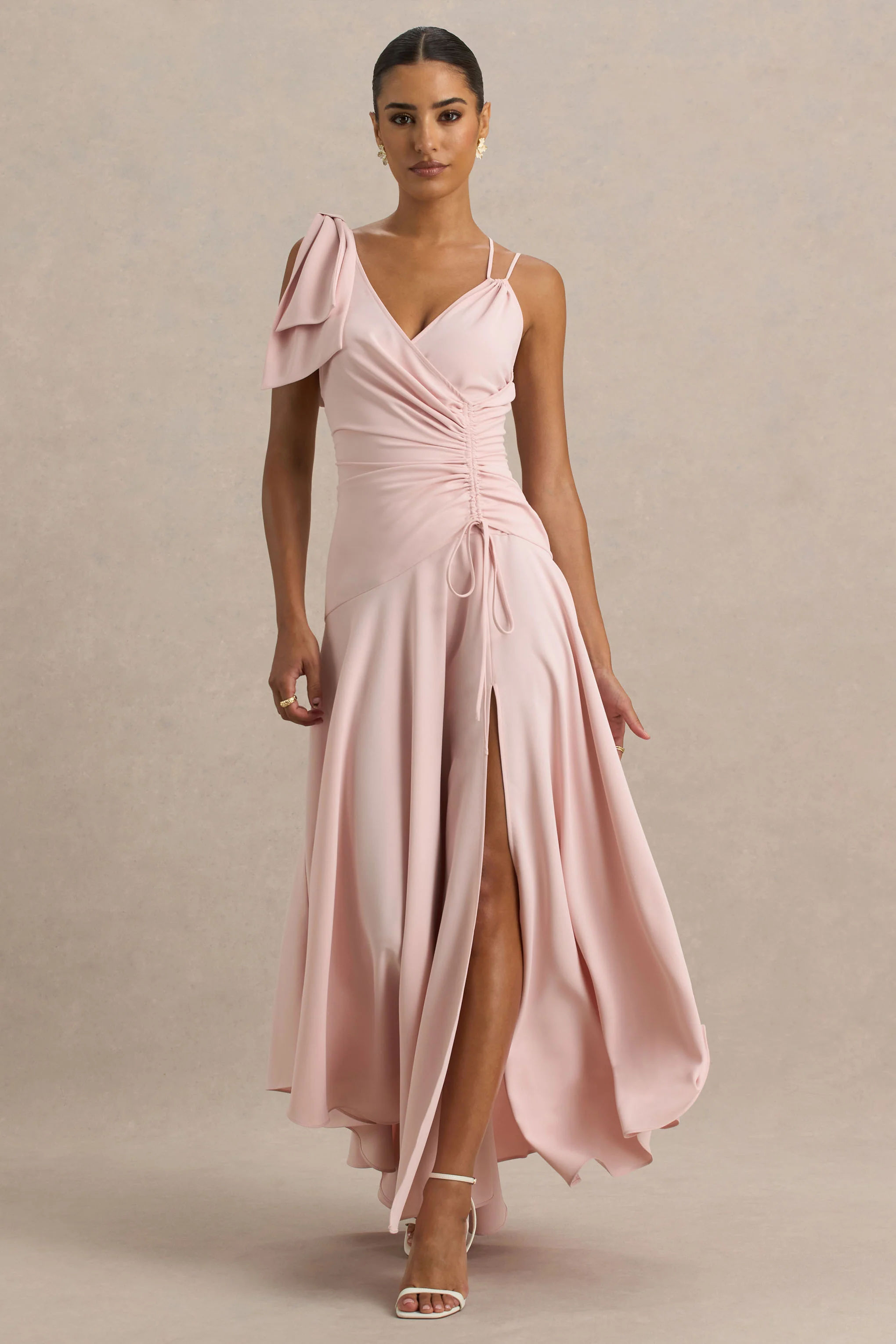 Julieta | Baby Pink Asymmetric-Neck Maxi Dress With Bow Detail And Open-Back - Image 4