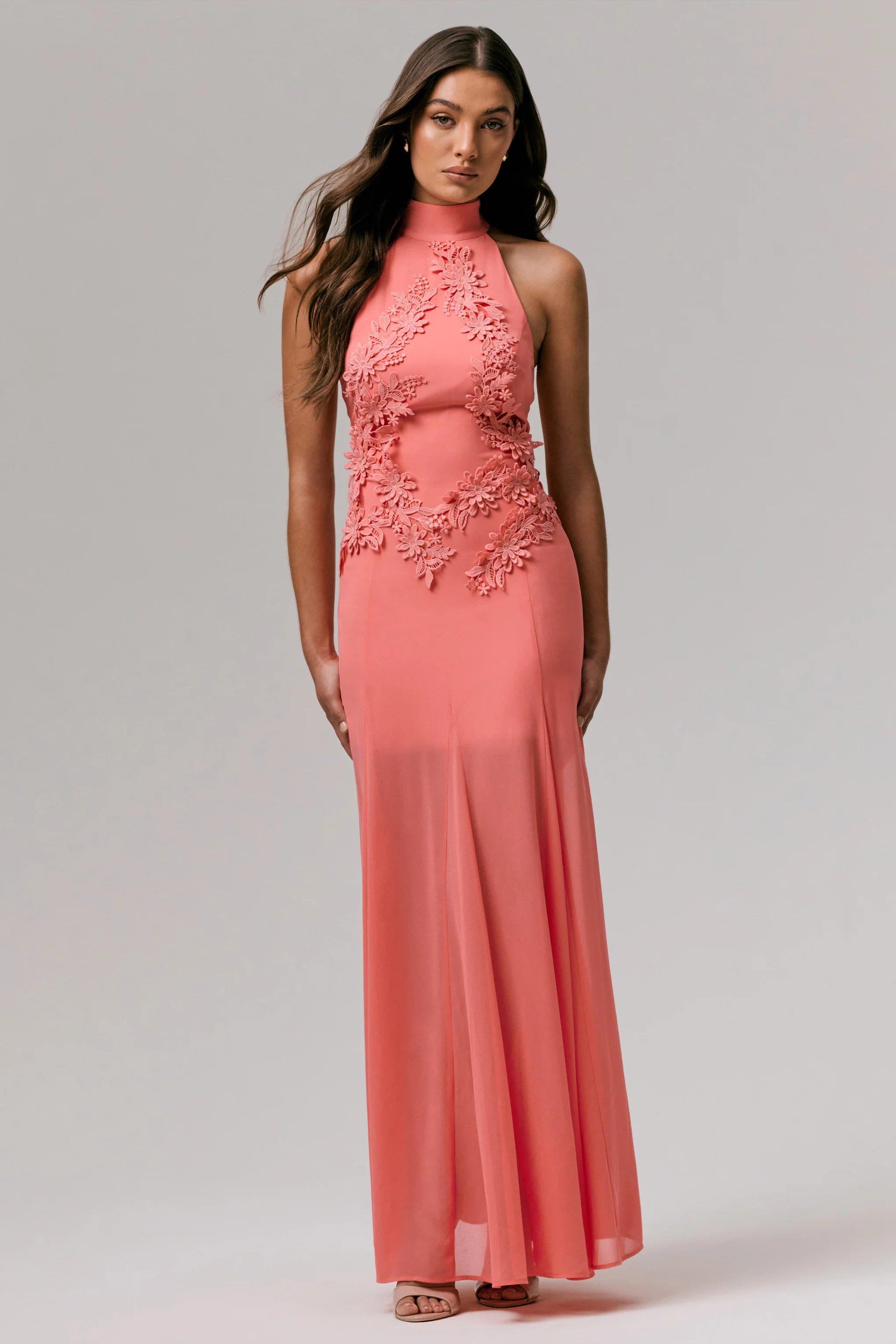 Just Like Magic | Coral High-Neck Maxi Dress With Lace Detailing - Image 4