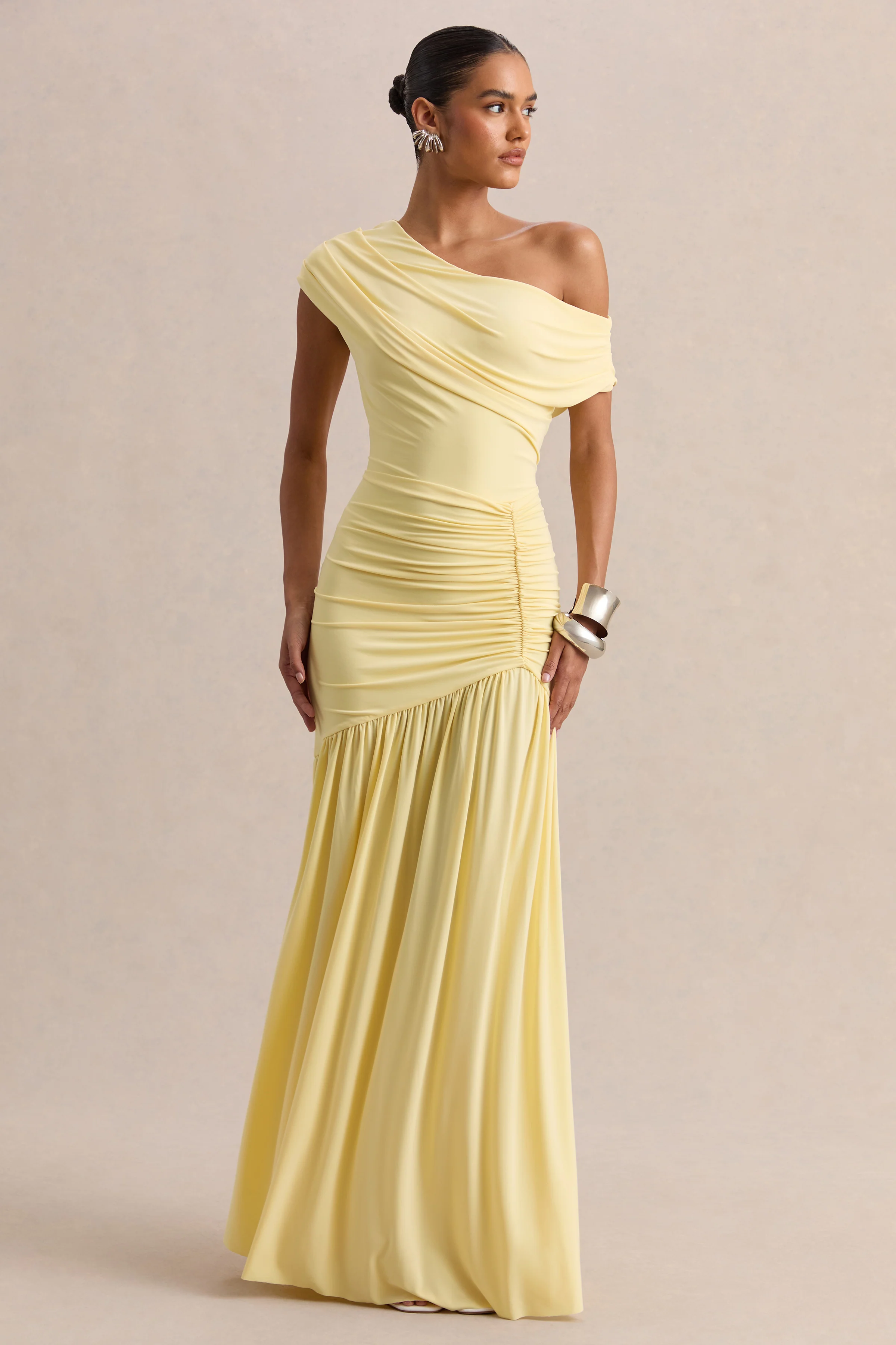 Kady | Lemon Asymmetric-Neck Maxi Dress With Ruched Detailing - Image 5