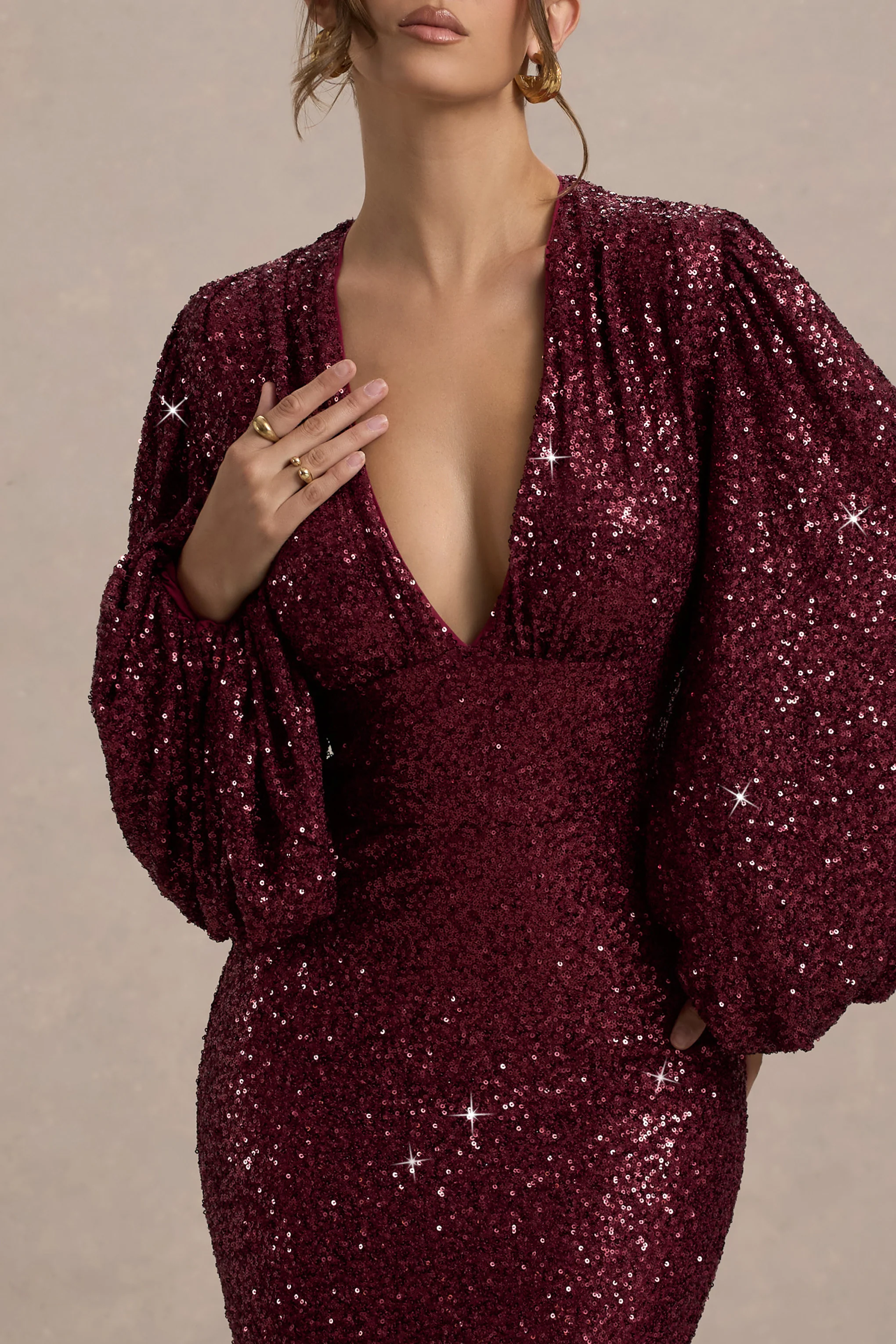 Kaelin | Berry Sequin Plunge-Neck Maxi Dress - Image 3
