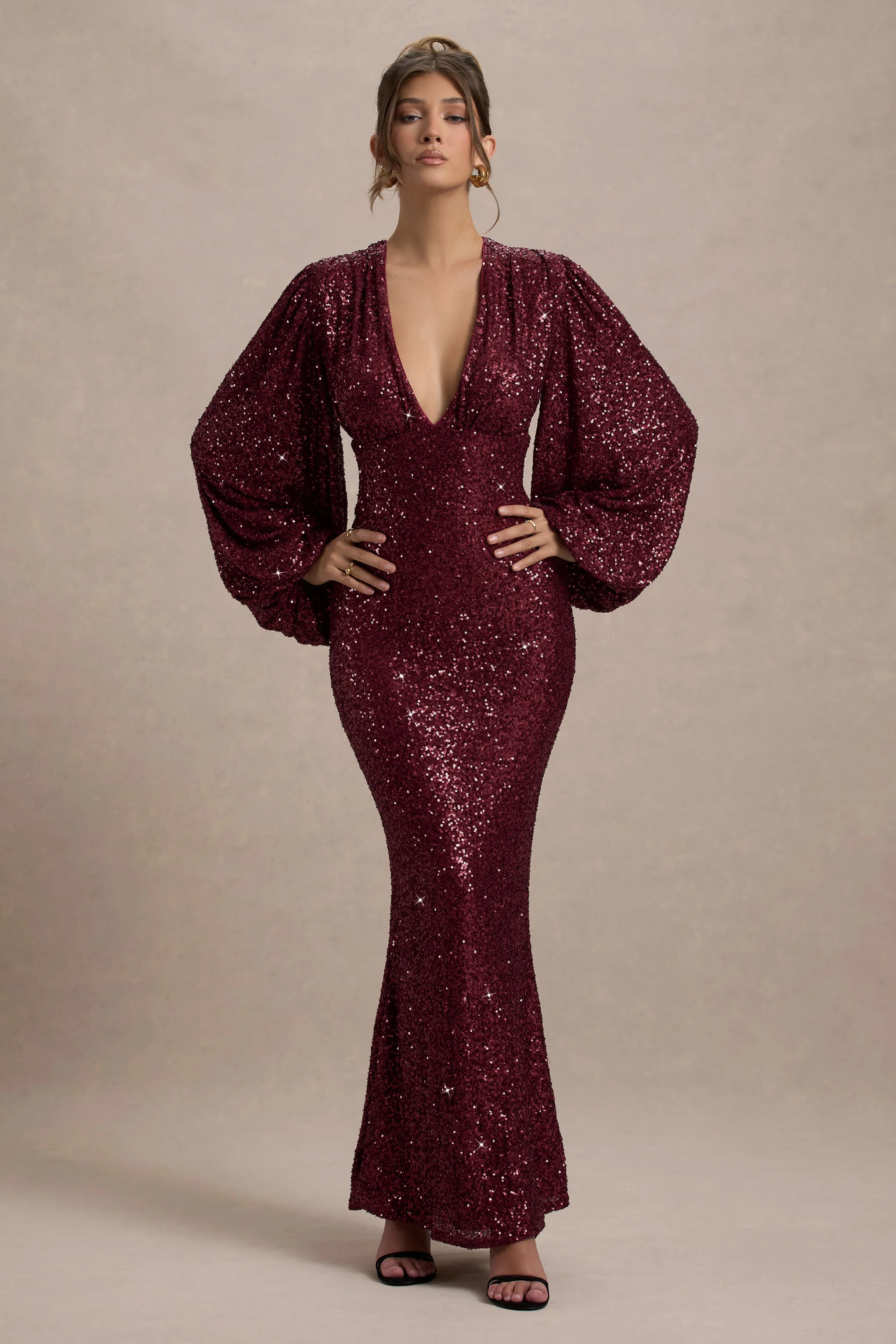Kaelin | Berry Sequin Plunge-Neck Maxi Dress - Image 4