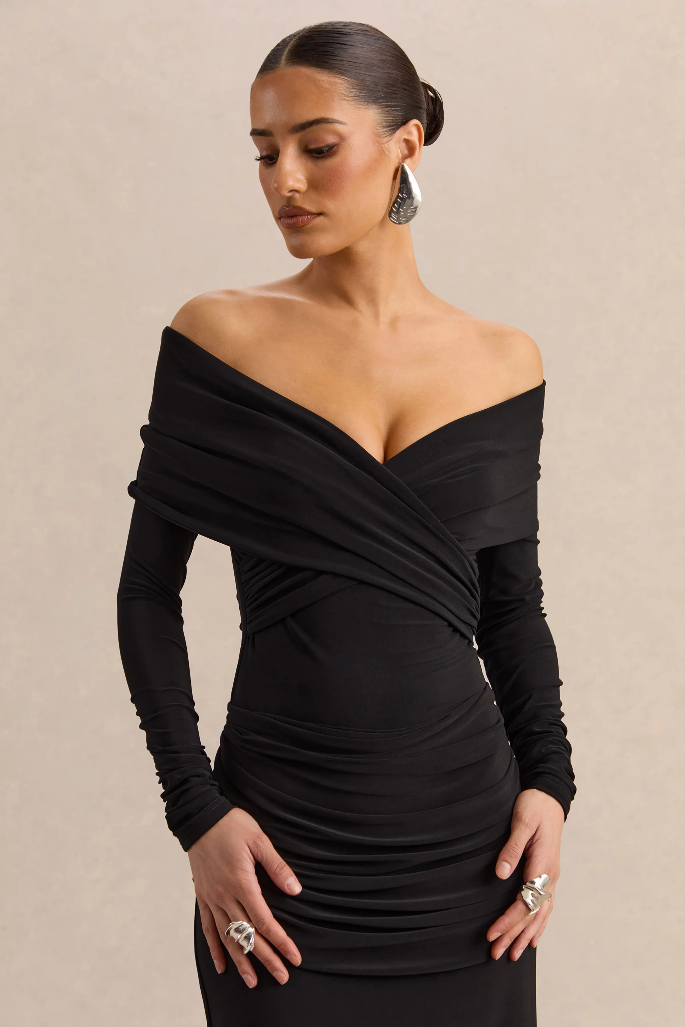 Kaelis | Black Bardot-Neck Thong Bodysuit With Long-Sleeves - Image 5