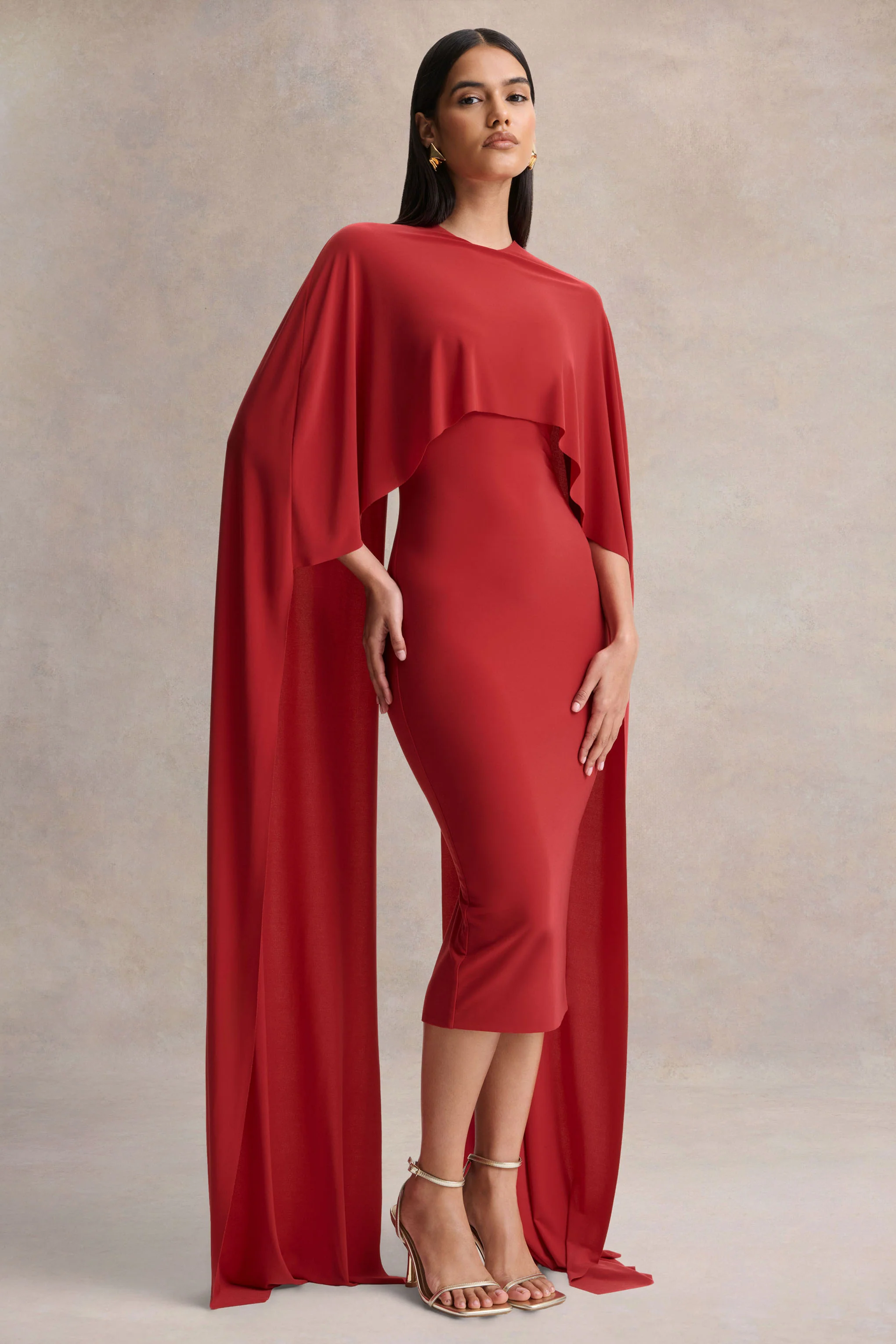 Kalani | Red Crew-Neck Midi Dress With Cape-Sleeves - Image 4