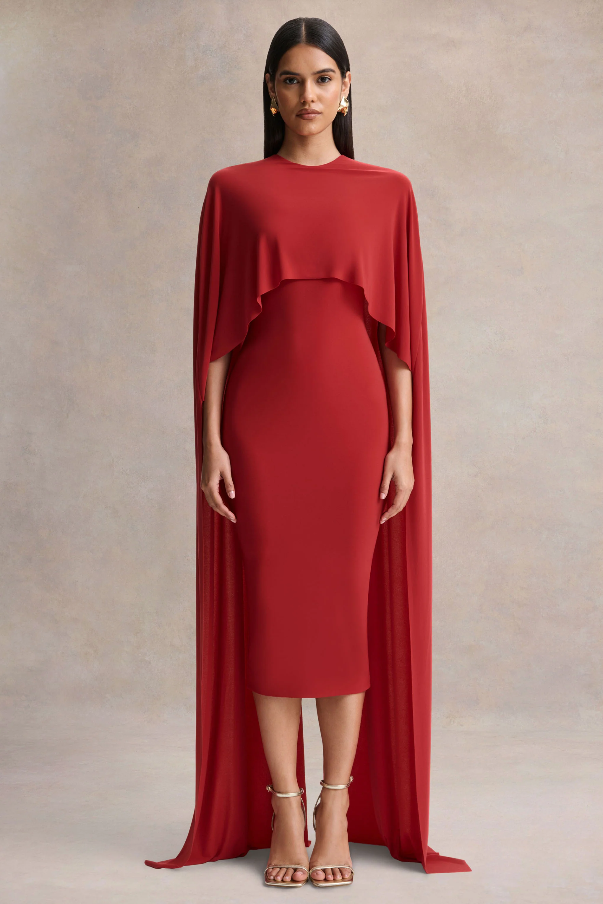 Kalani | Red Crew-Neck Midi Dress With Cape-Sleeves - Image 5