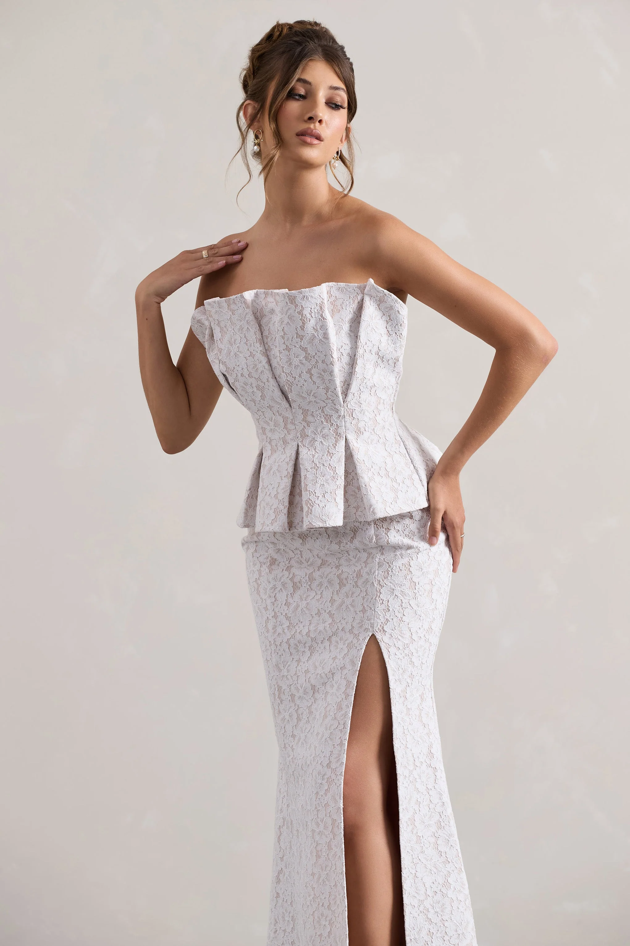 Kaleido | White Lace Strapless Ruffled Split Maxi Dress - Image 3