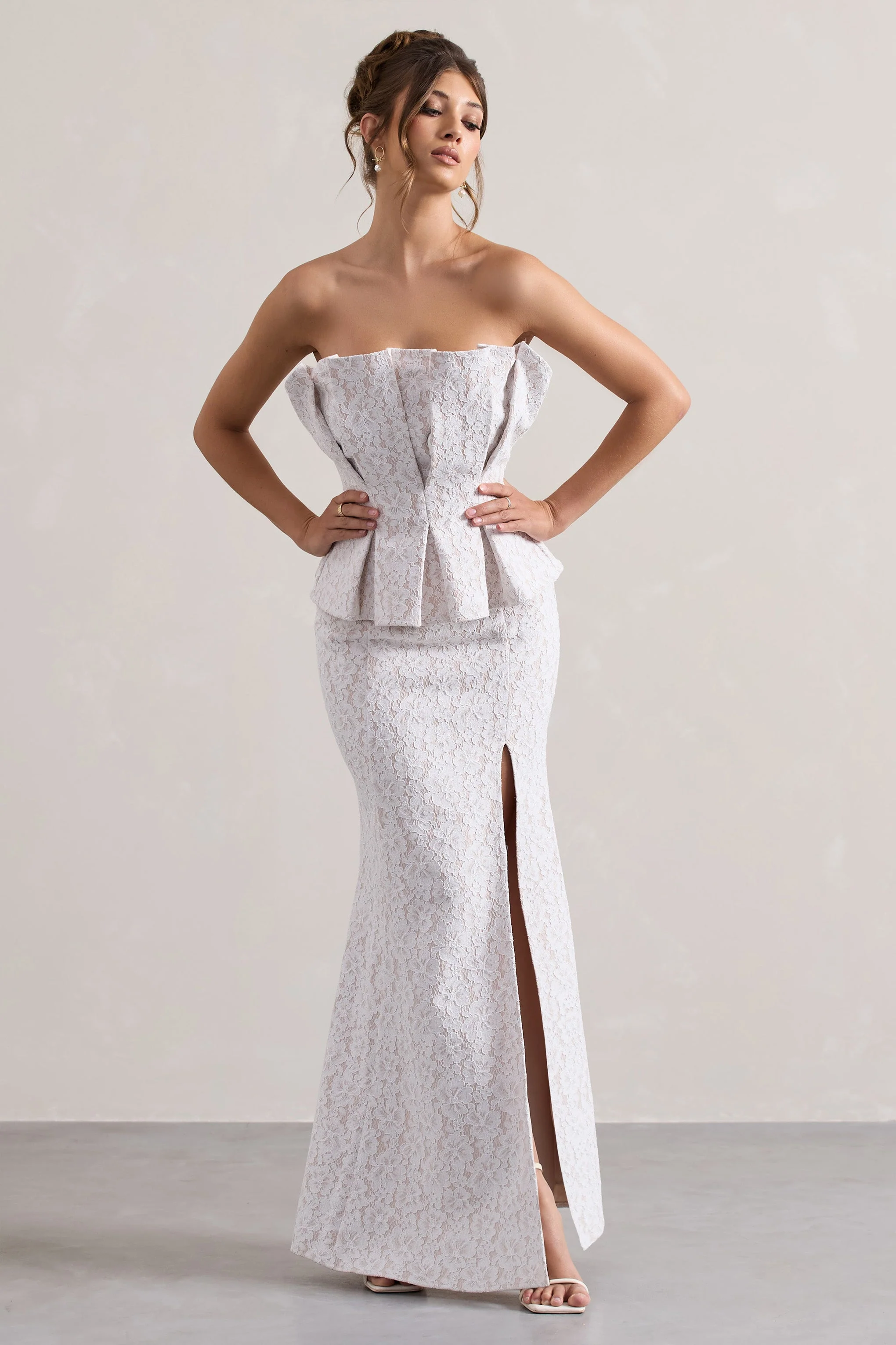 Kaleido | White Lace Strapless Ruffled Split Maxi Dress - Image 4