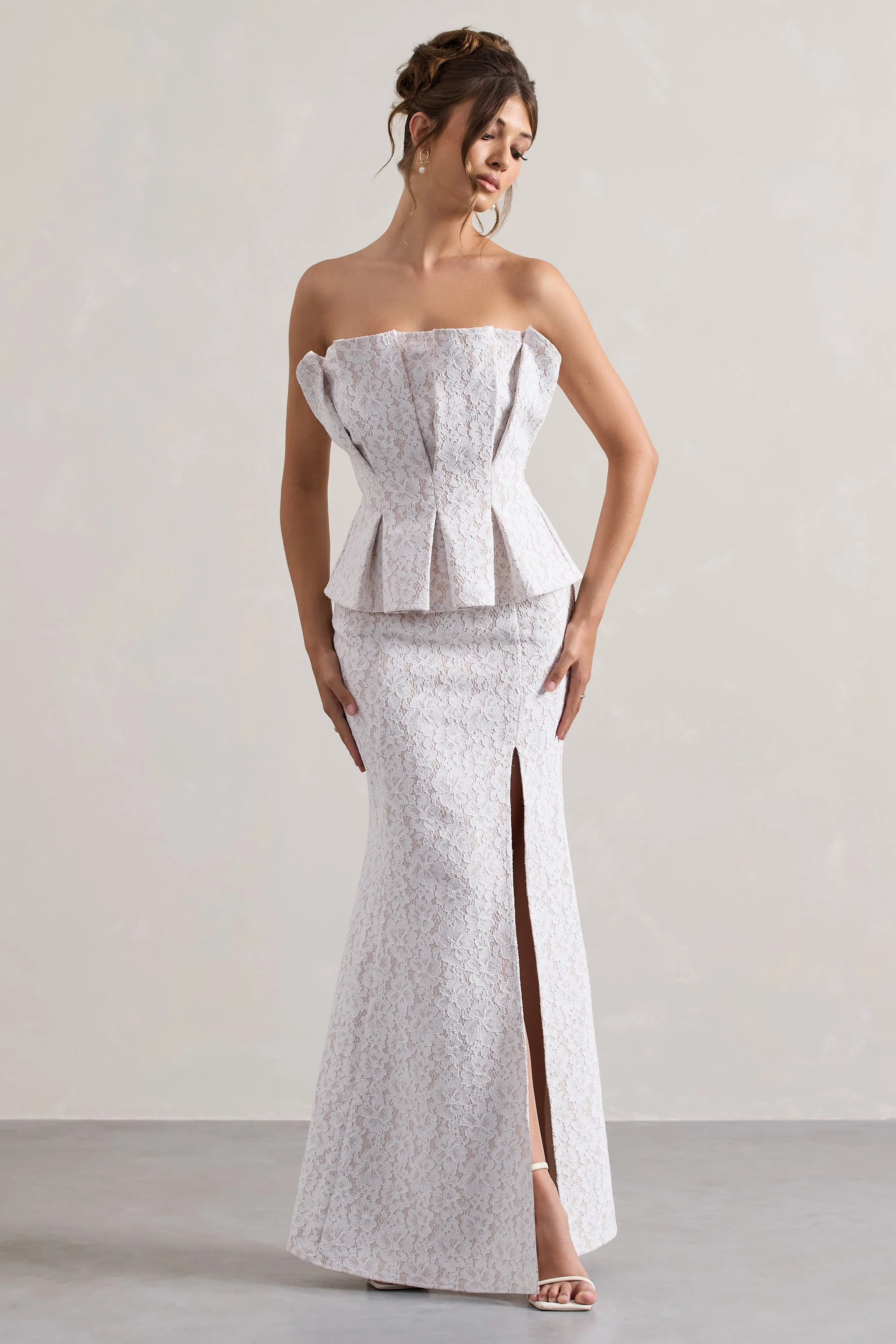Kaleido | White Lace Strapless Ruffled Split Maxi Dress - Image 5