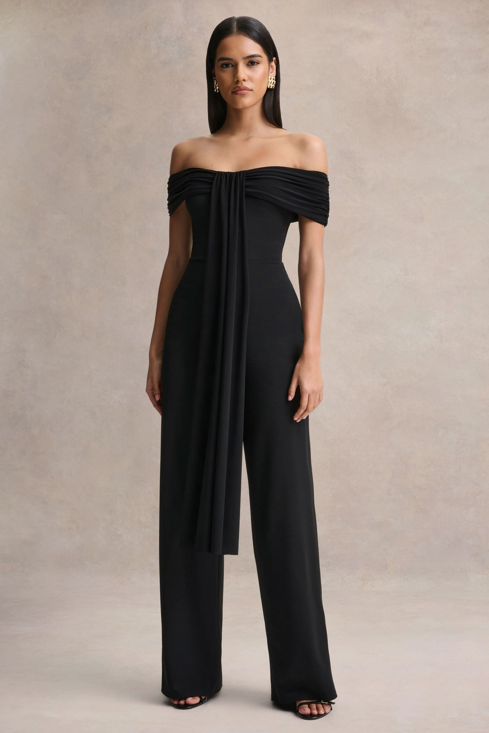 Kalida | Black Bardot-Neck Jumpsuit With Sash-Detail - Image 4
