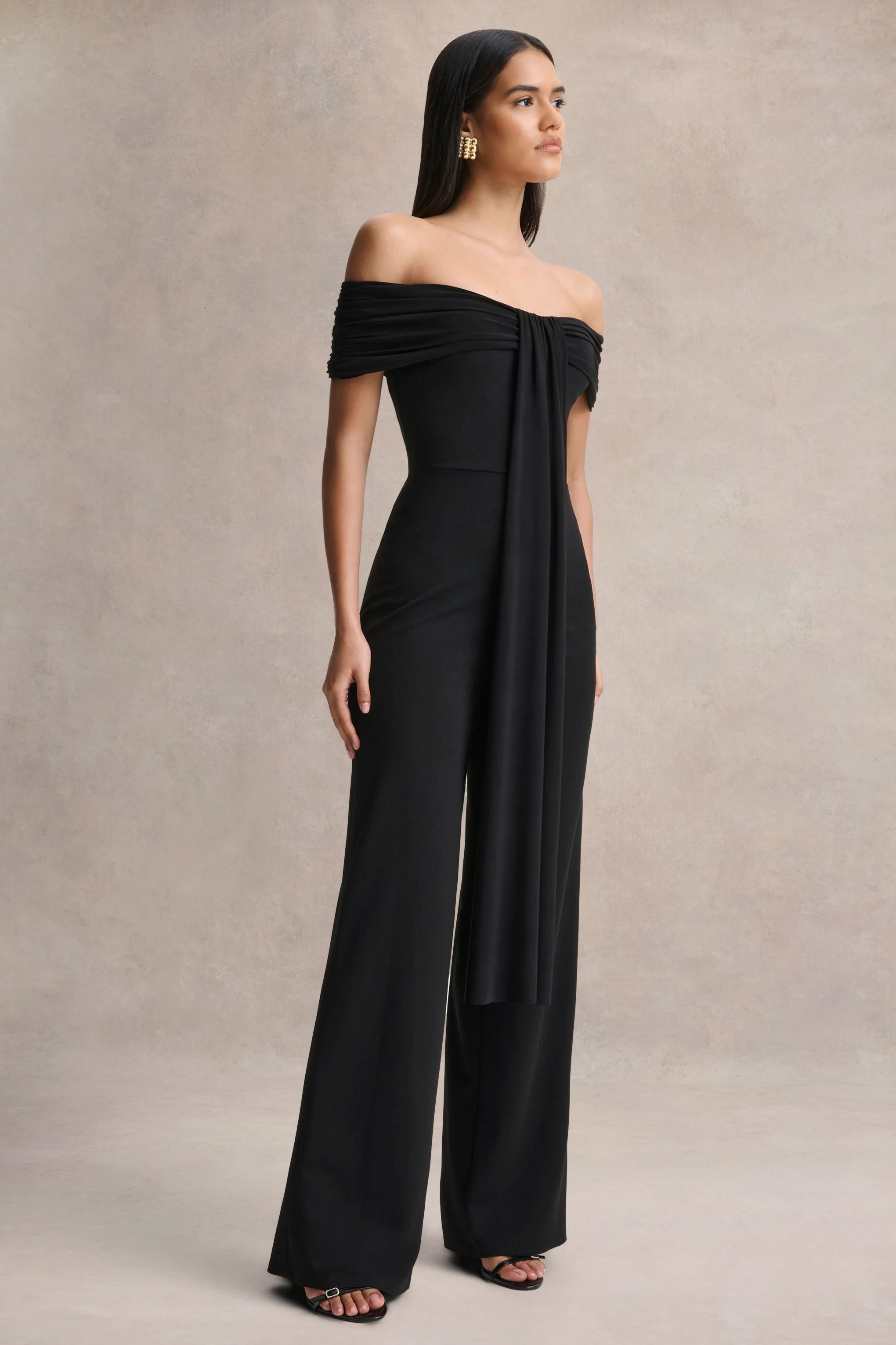 Kalida | Black Bardot-Neck Jumpsuit With Sash-Detail - Image 5