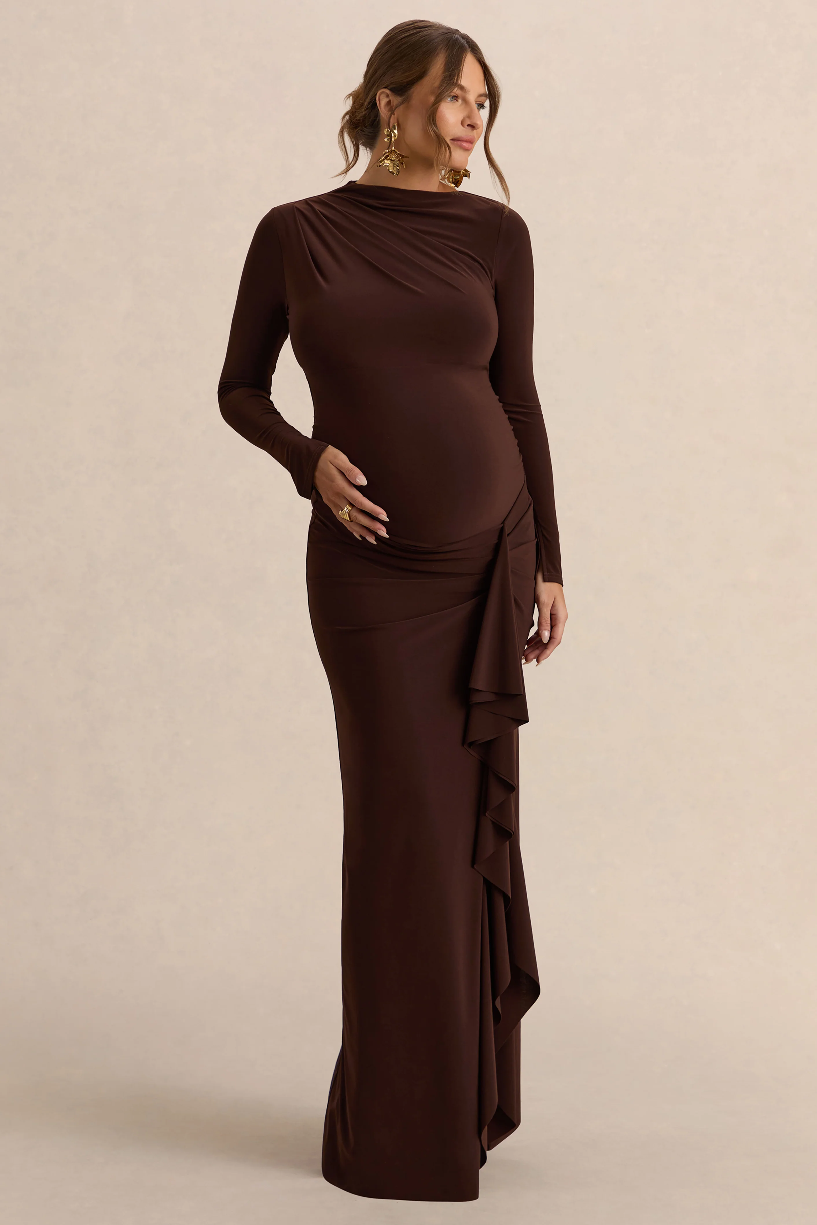 Kamira | Dark Brown Round-Neck Maternity Maxi Dress With Gathered Detailing