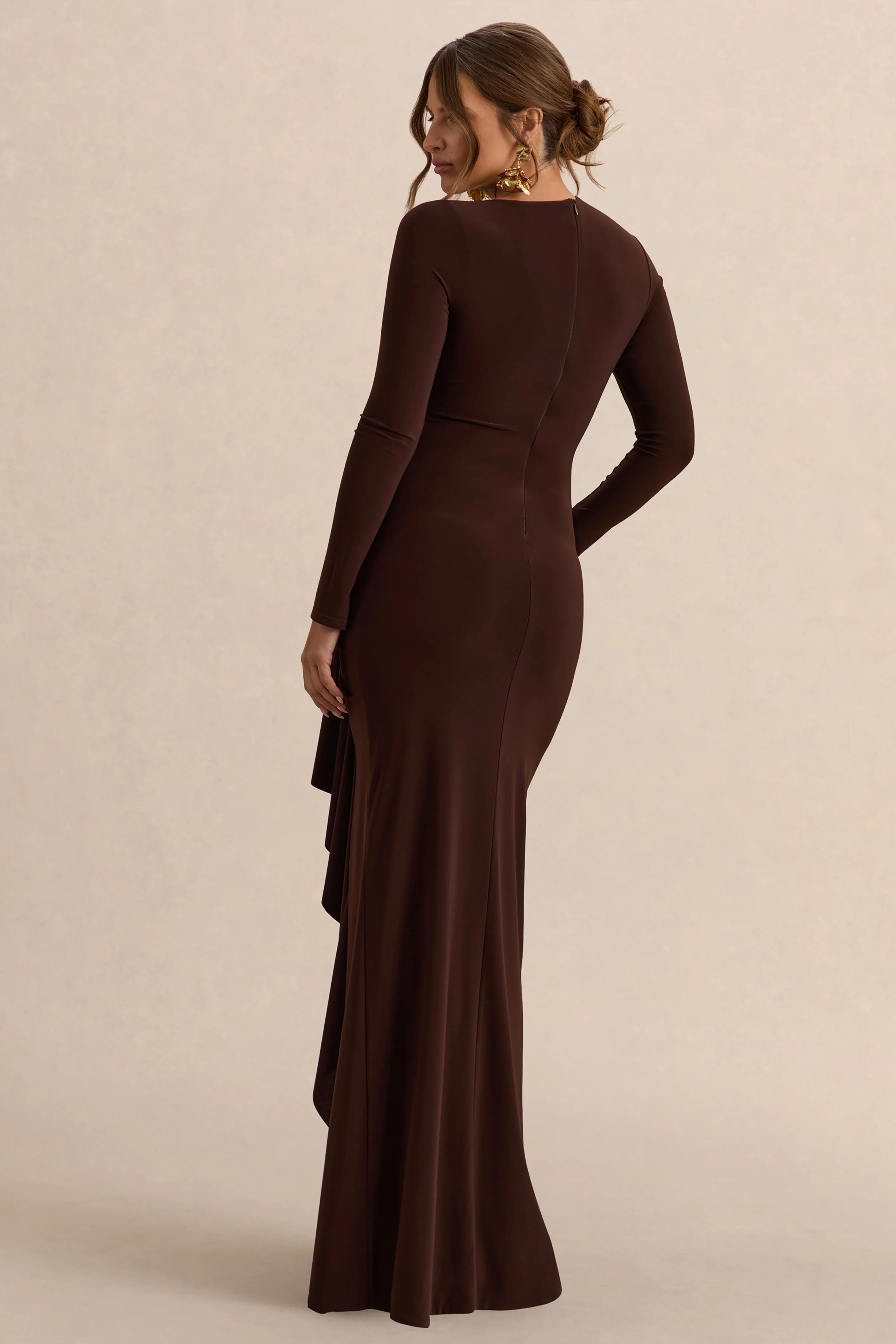 Kamira | Dark Brown Round-Neck Maternity Maxi Dress With Gathered Detailing - Image 2