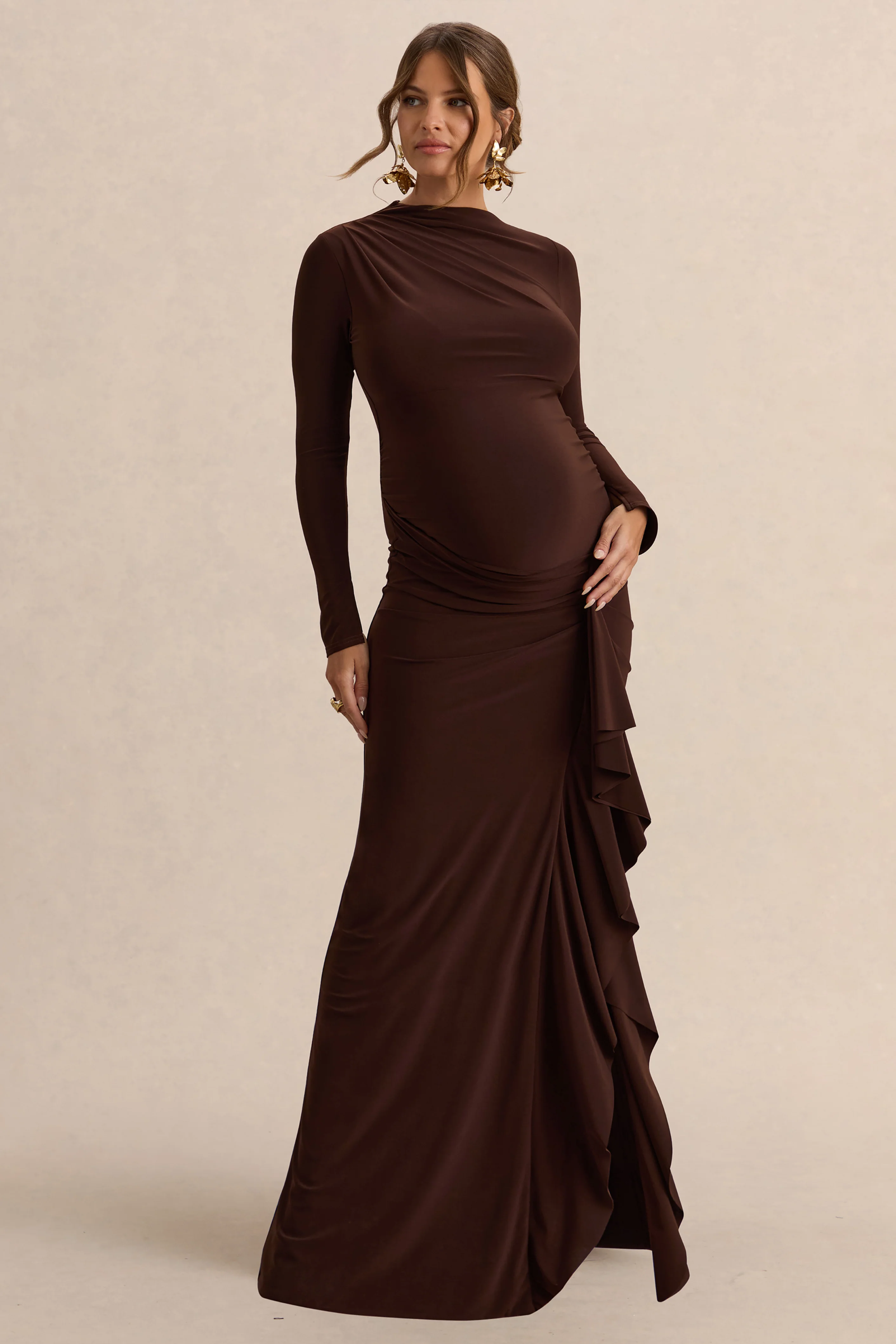 Kamira | Dark Brown Round-Neck Maternity Maxi Dress With Gathered Detailing - Image 4