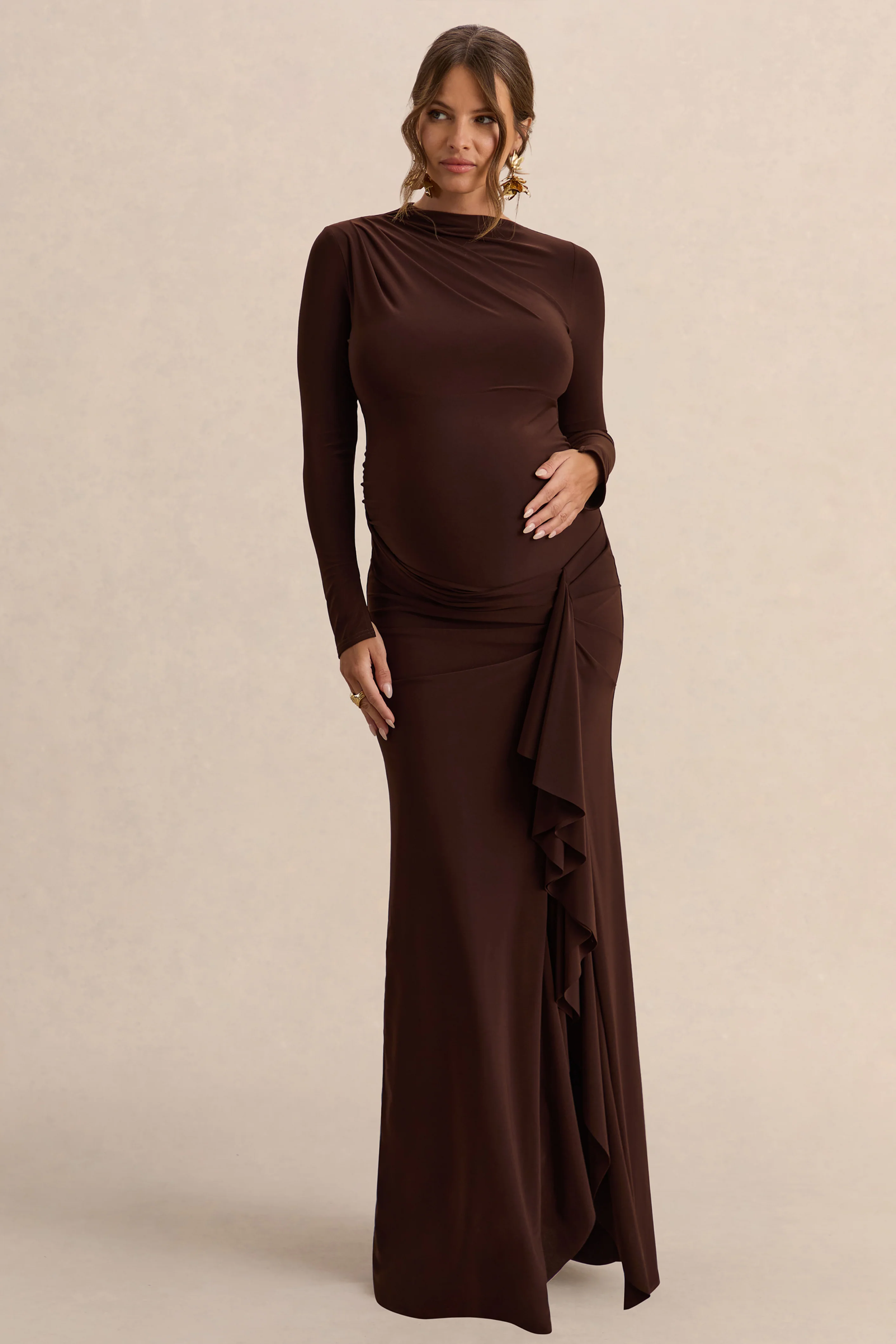 Kamira | Dark Brown Round-Neck Maternity Maxi Dress With Gathered Detailing - Image 5
